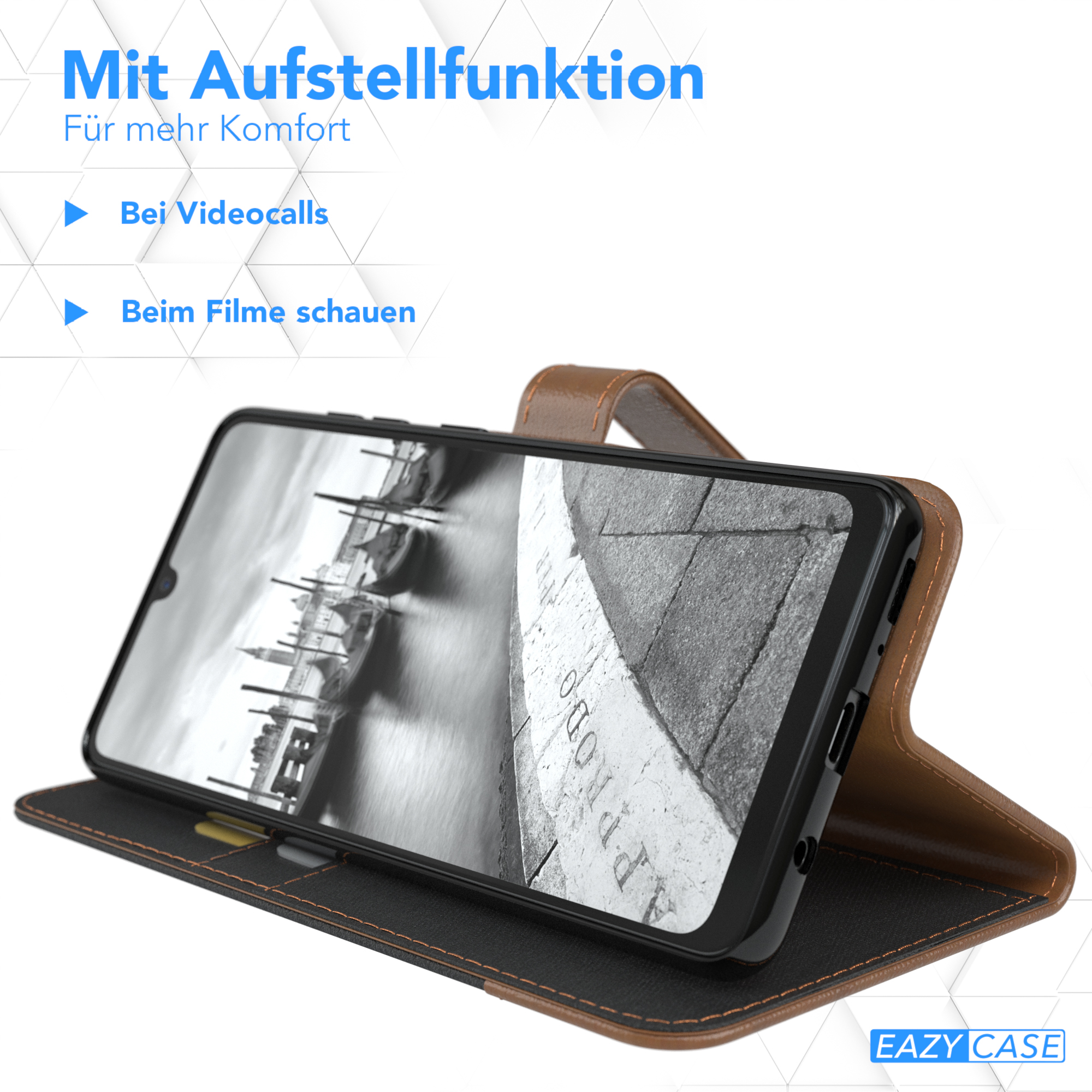 Telefon in brauner Lederhülle, geöffnet. Zeigt Bildschirm mit Bild und Funktionen.