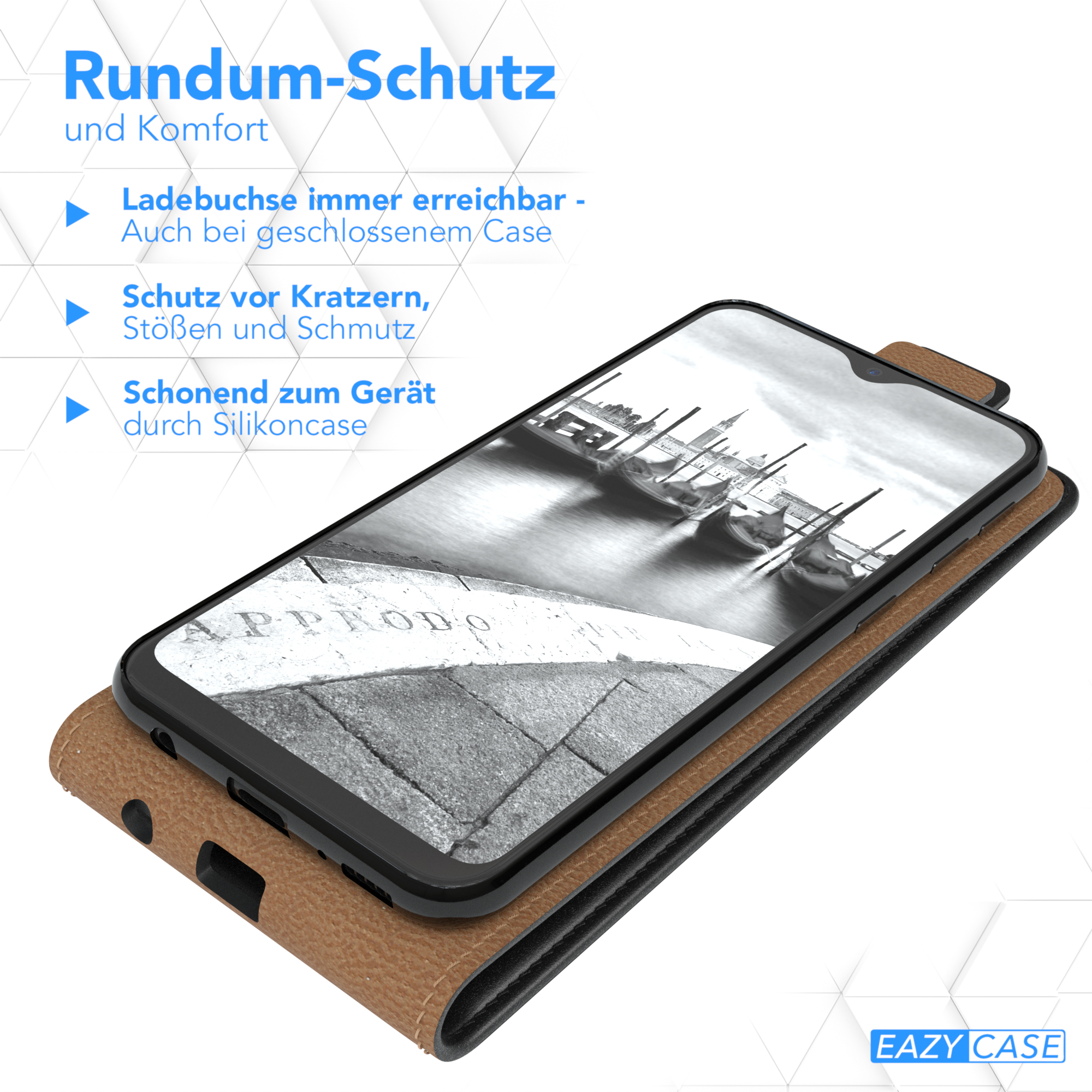 Ein Telefon in einer braunen Lederhülle, mit Text über Schutz vor Kratzern, Stößen und Schmutz.