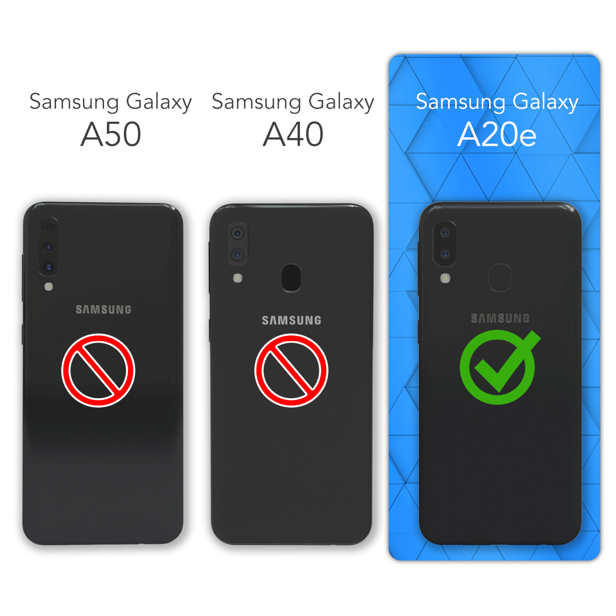 Vergleich von drei Telefonen. Samsung Galaxy A50 und A40 sind nicht kompatibel, A20e ist es.