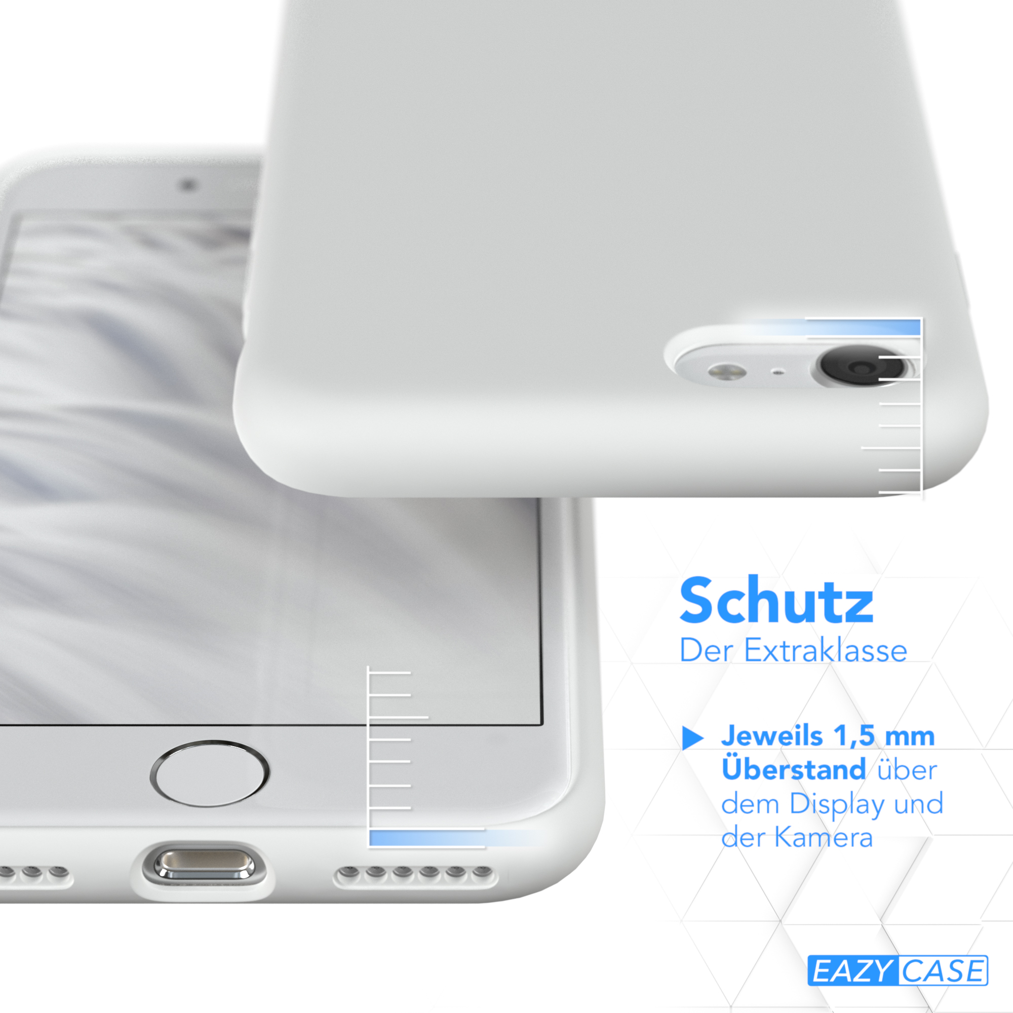 Nahaufnahme einer weißen Handyhülle mit Bildschirm- und Seitendetails. Text: Schutz.