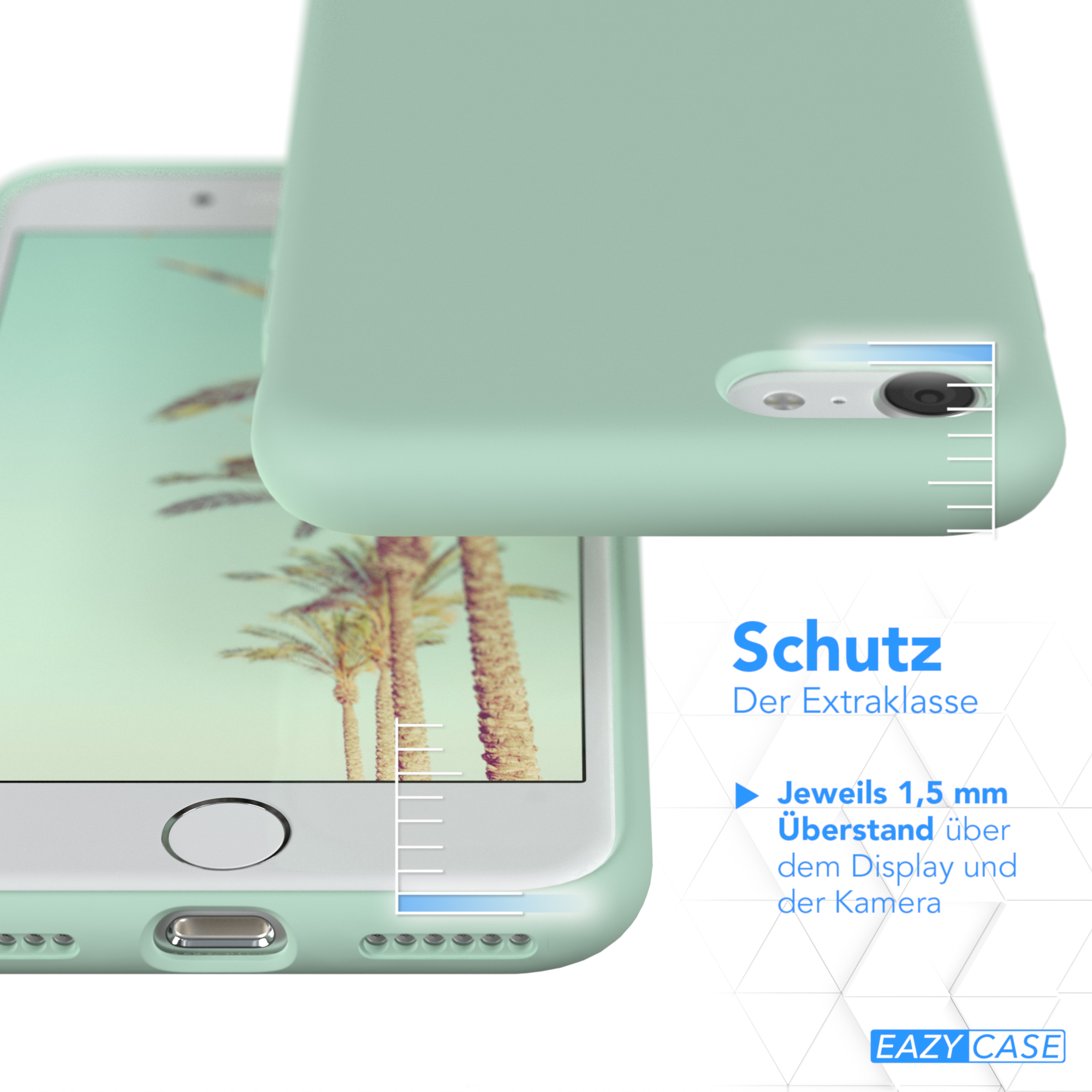 Minzgrüne Handyhülle auf weißem Telefon. Text: Schutz. 1,5 mm über Display und Kamera.