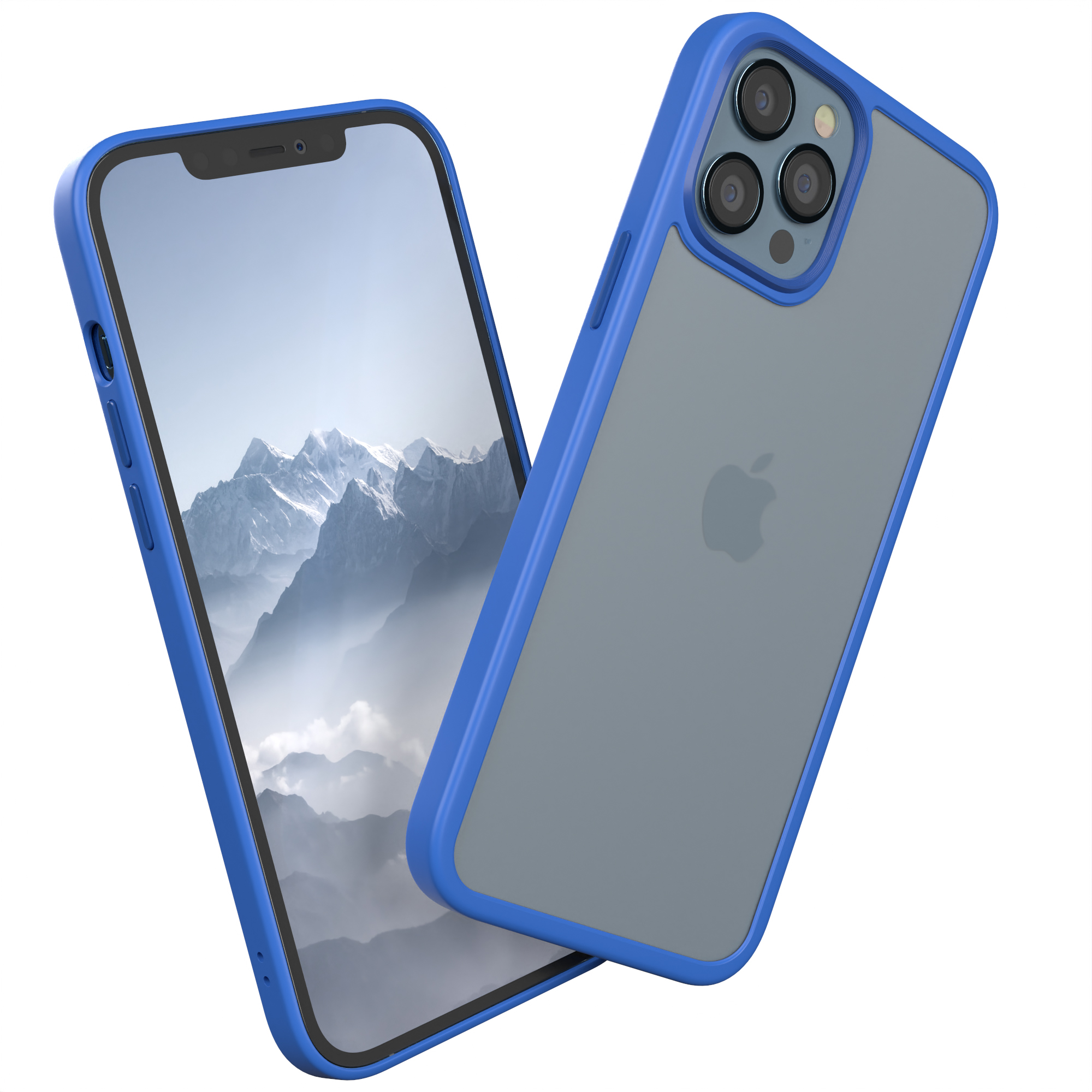 Blau-graue Handyhülle, Telefon ist in der Hülle. Apple-Logo auf der Rückseite sichtbar.