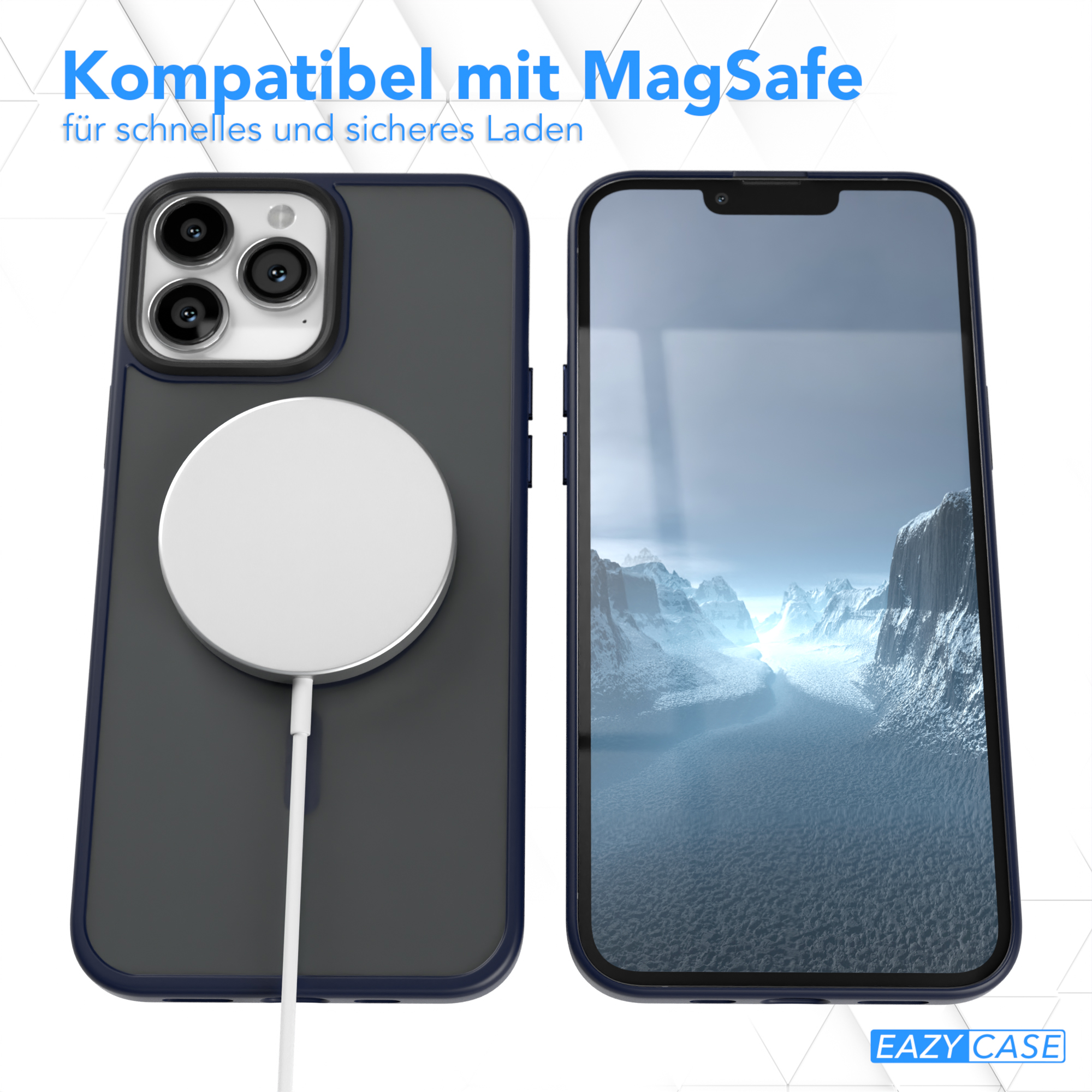 iPhone mit MagSafe-Ladegerät. Das Telefon ist in einer dunklen Hülle.