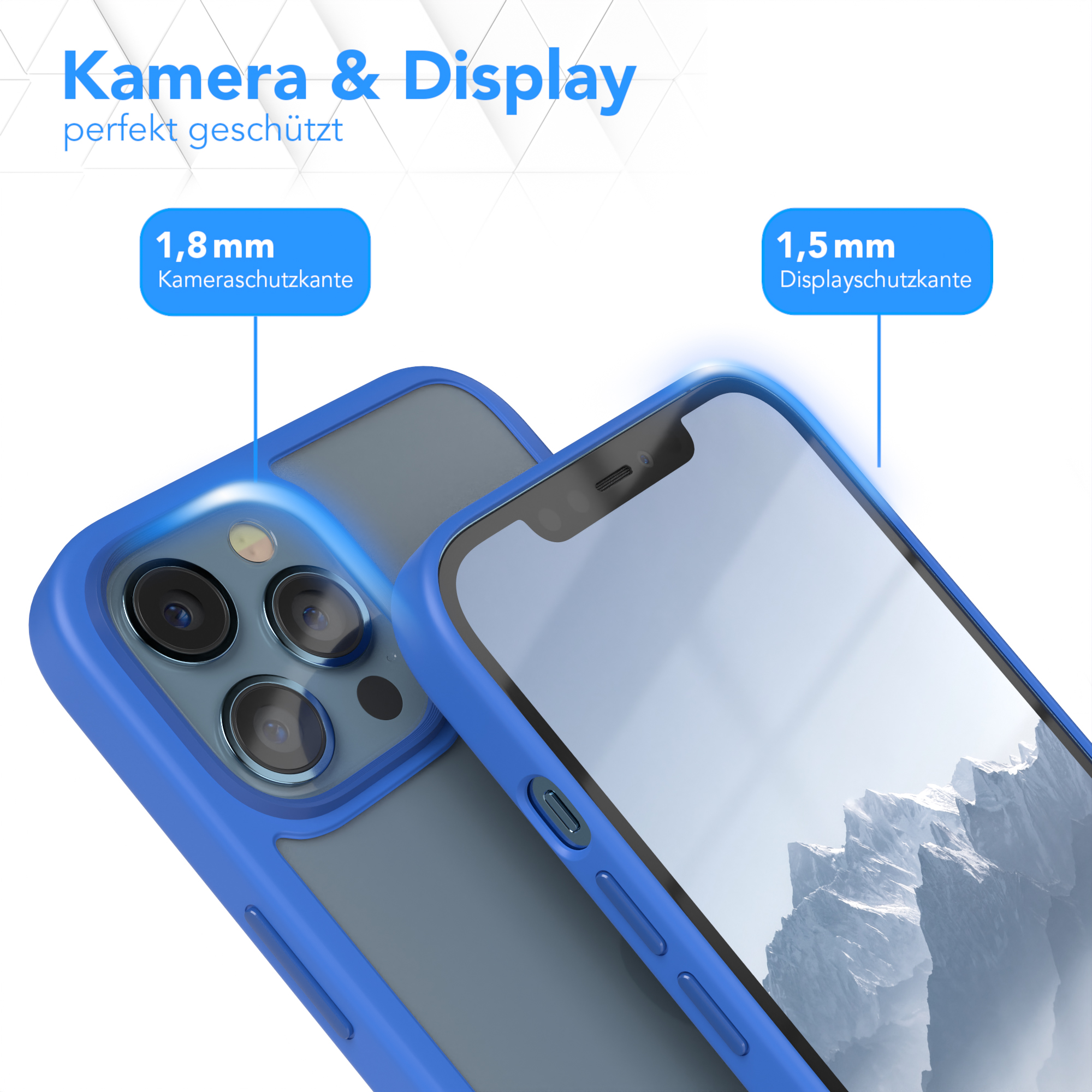 Blaue Handyhülle mit Telefon, zeigt Kamera- und Displayschutzmessungen.