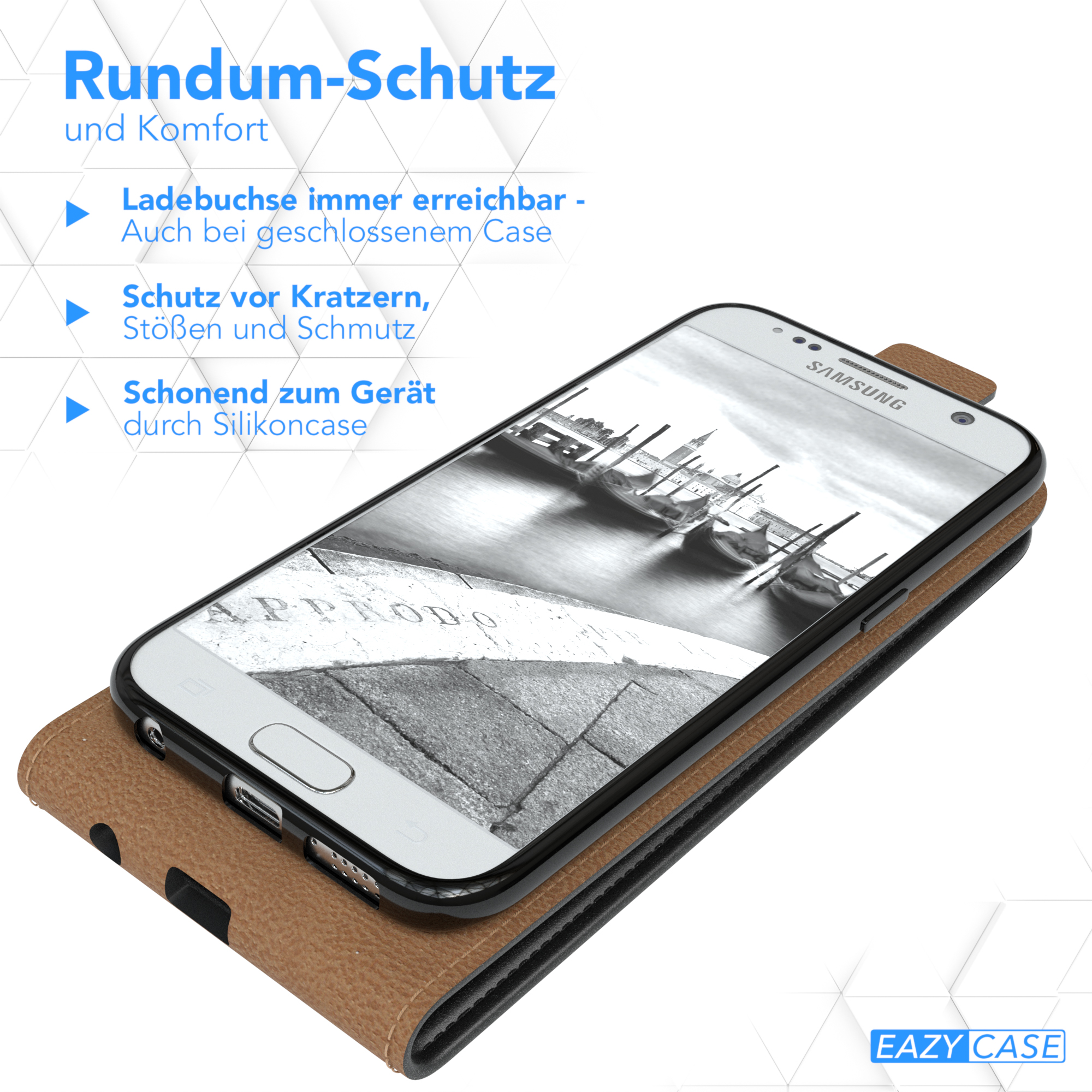 Telefon in einer braunen Hülle auf einem Schreibtisch, die den Schutz des Geräts zeigt.