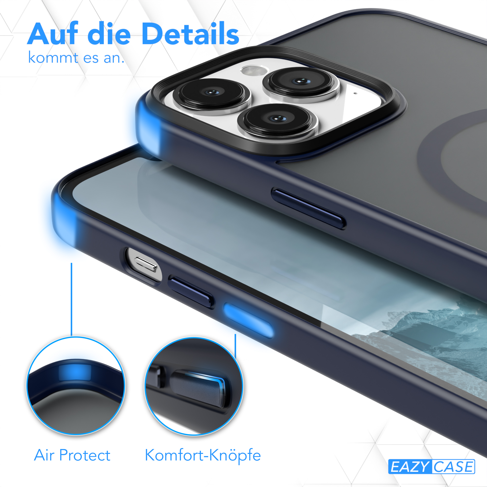 Nahaufnahme einer Handyhülle mit Air Protect und Komfort-Knöpfen.