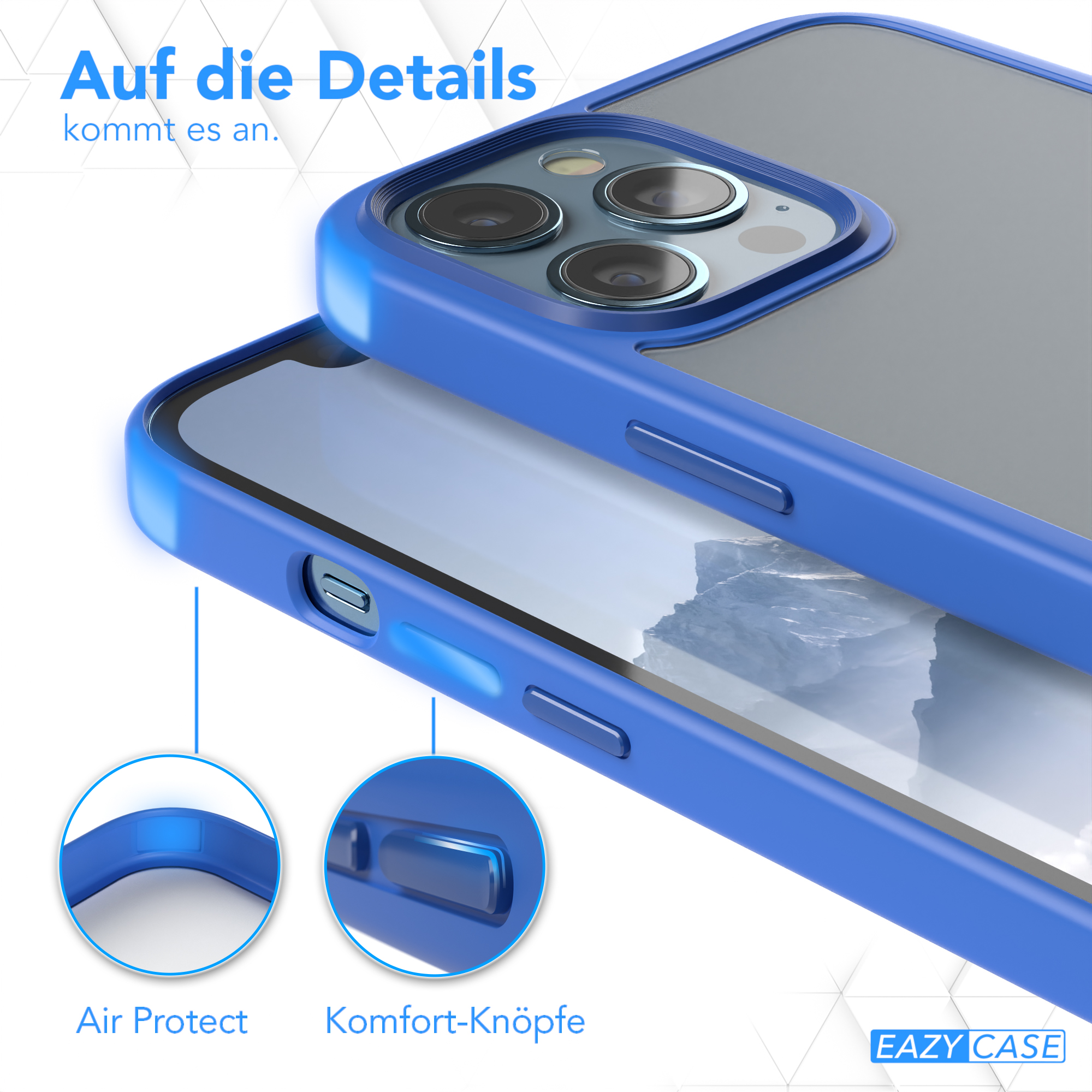 Nahaufnahme einer blauen Handyhülle, die Tasten und Kameraschutzdetails zeigt, mit grafischem Text.