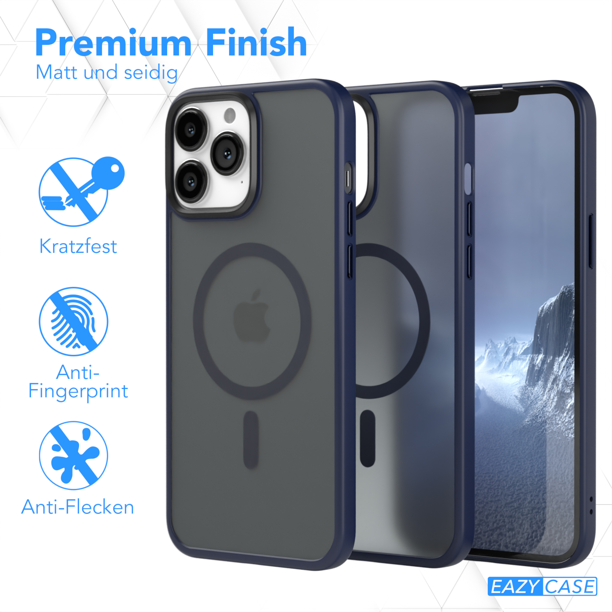 Eine Handyhülle mit blauem Rahmen, die Hülle ist für das iPhone.