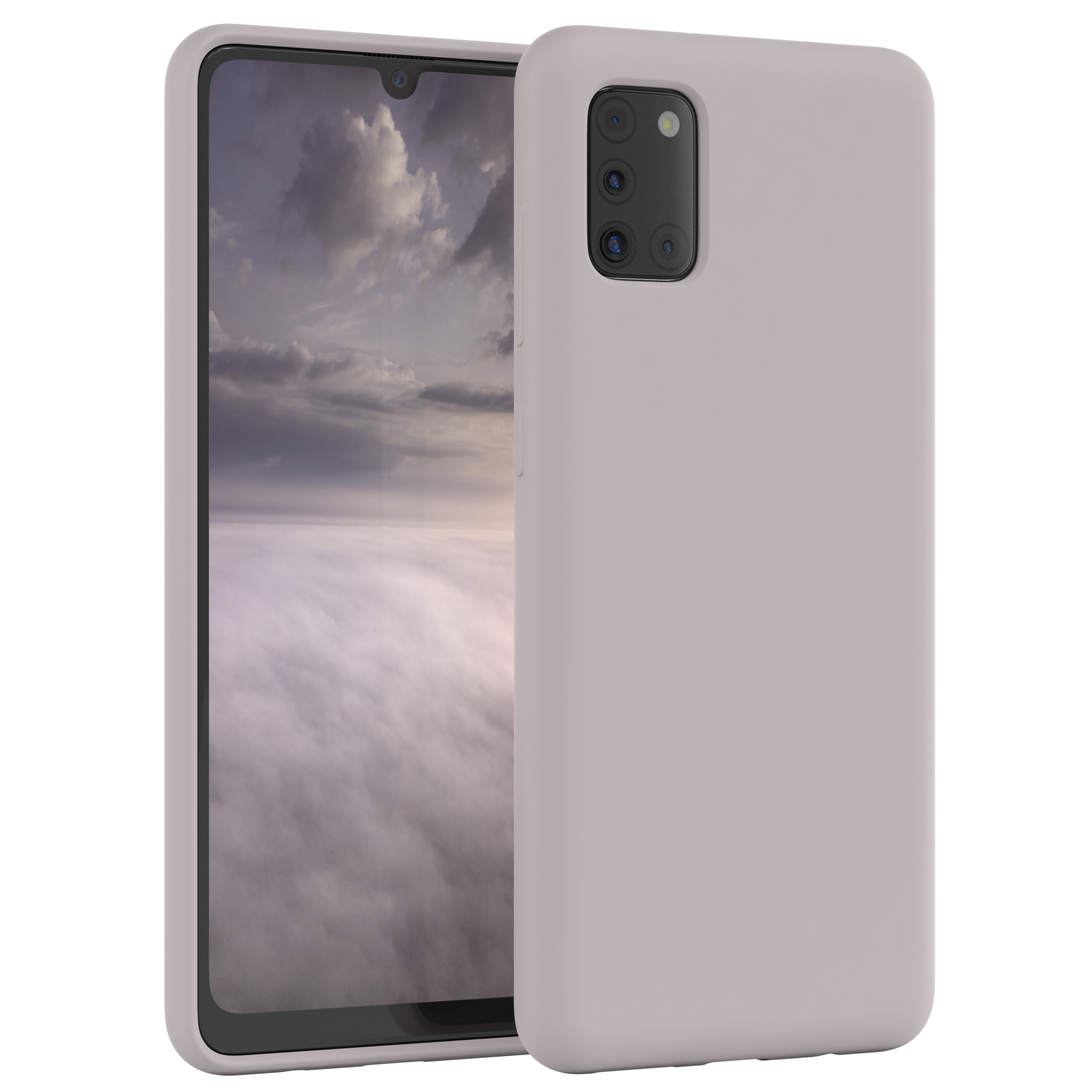 Graue Handyhülle mit einem Telefon, das ein Wolkenbild zeigt, auf weißem Hintergrund.