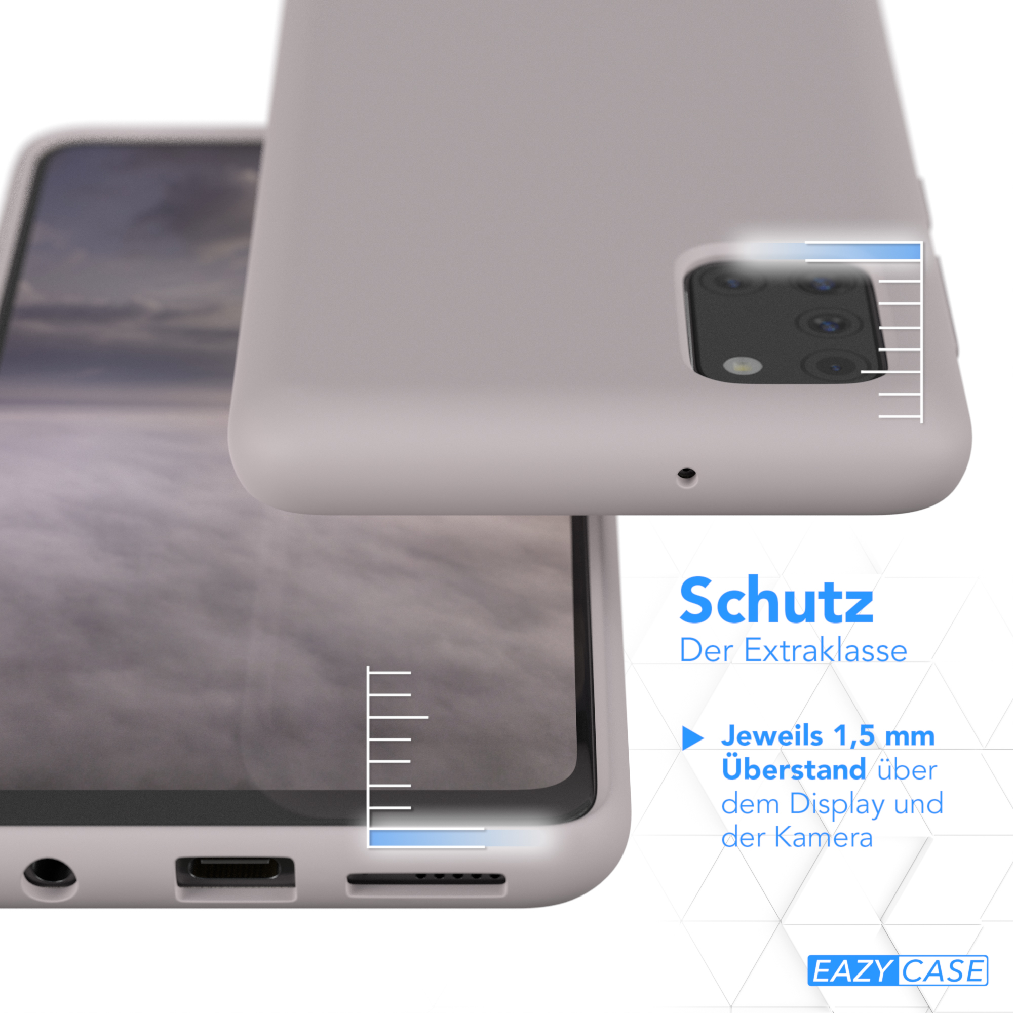 Graue Handyhülle schützt Telefon, zeigt die Kanten und den Kameraschutz im Detail.