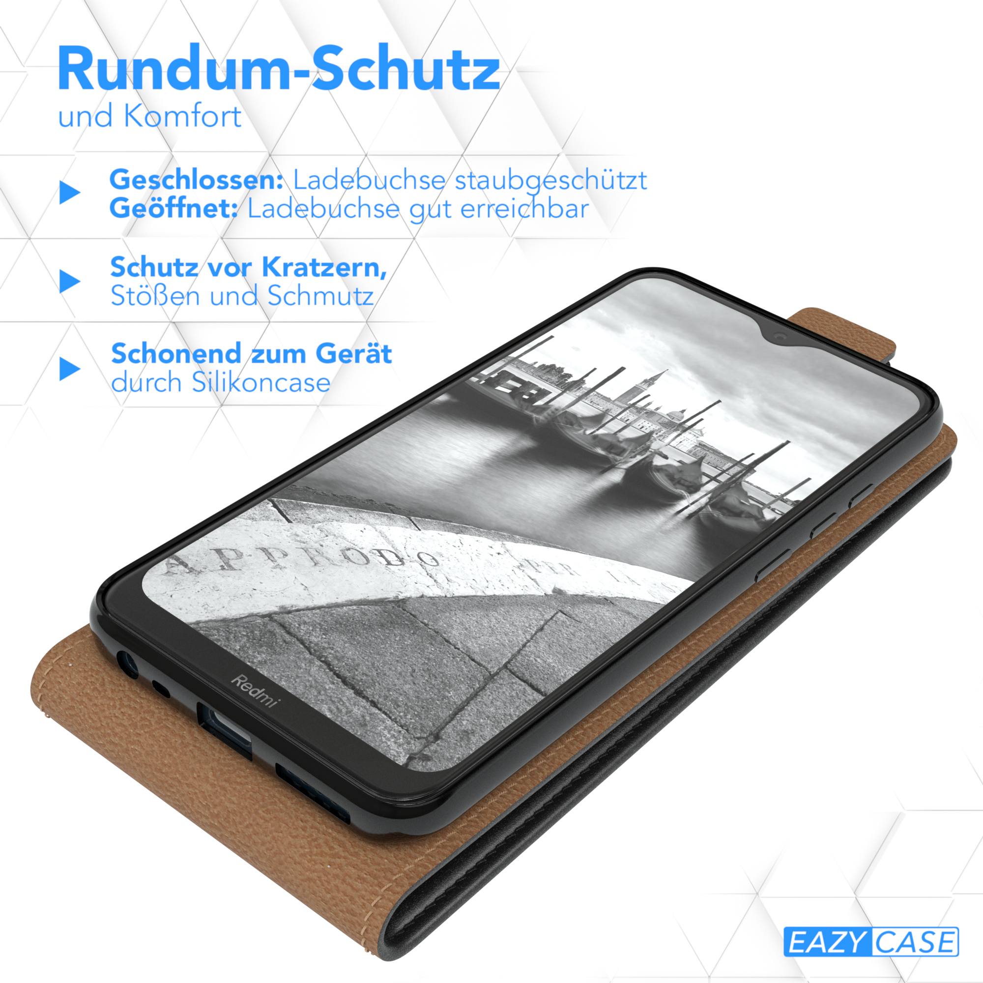 Eine Handyhülle mit Telefon darin. Der Bildschirm zeigt ein Venedig-Bild. Die Hülle ist braun und schwarz.