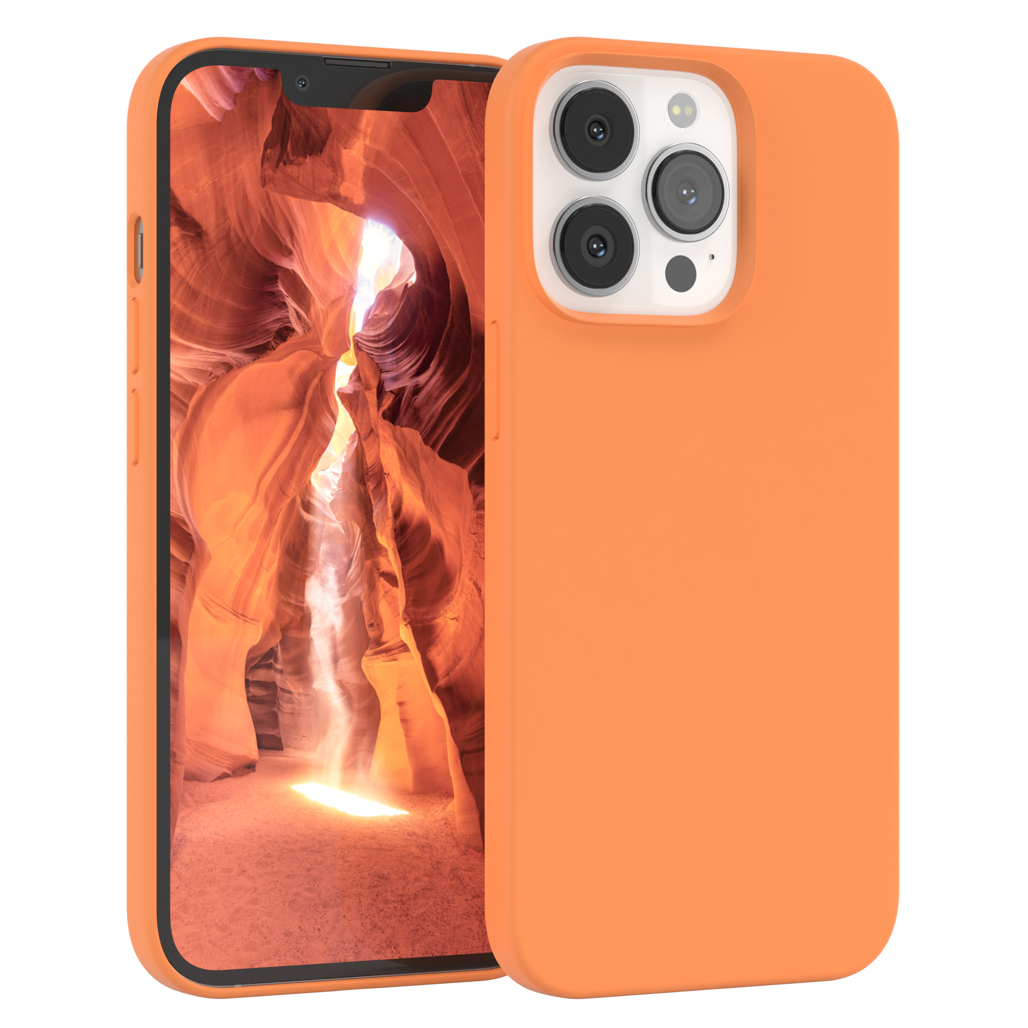 Orangefarbene Handyhülle mit einem Telefon, das eine Canyon-Aufnahme zeigt, auf weißem Hintergrund.