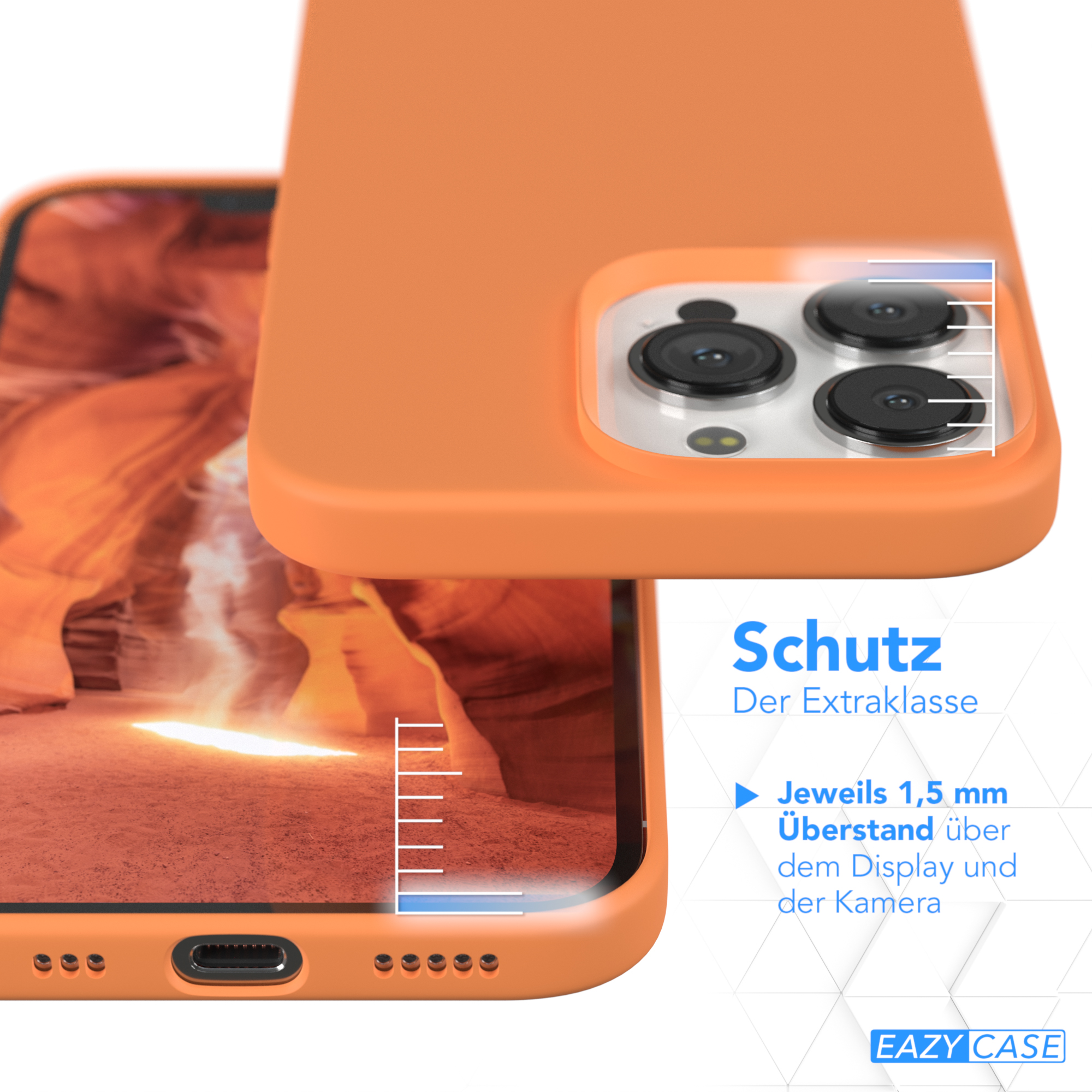Orangefarbene Handyhülle über einem Telefon, zeigt den Kamerabereich und die Schutzkanten.