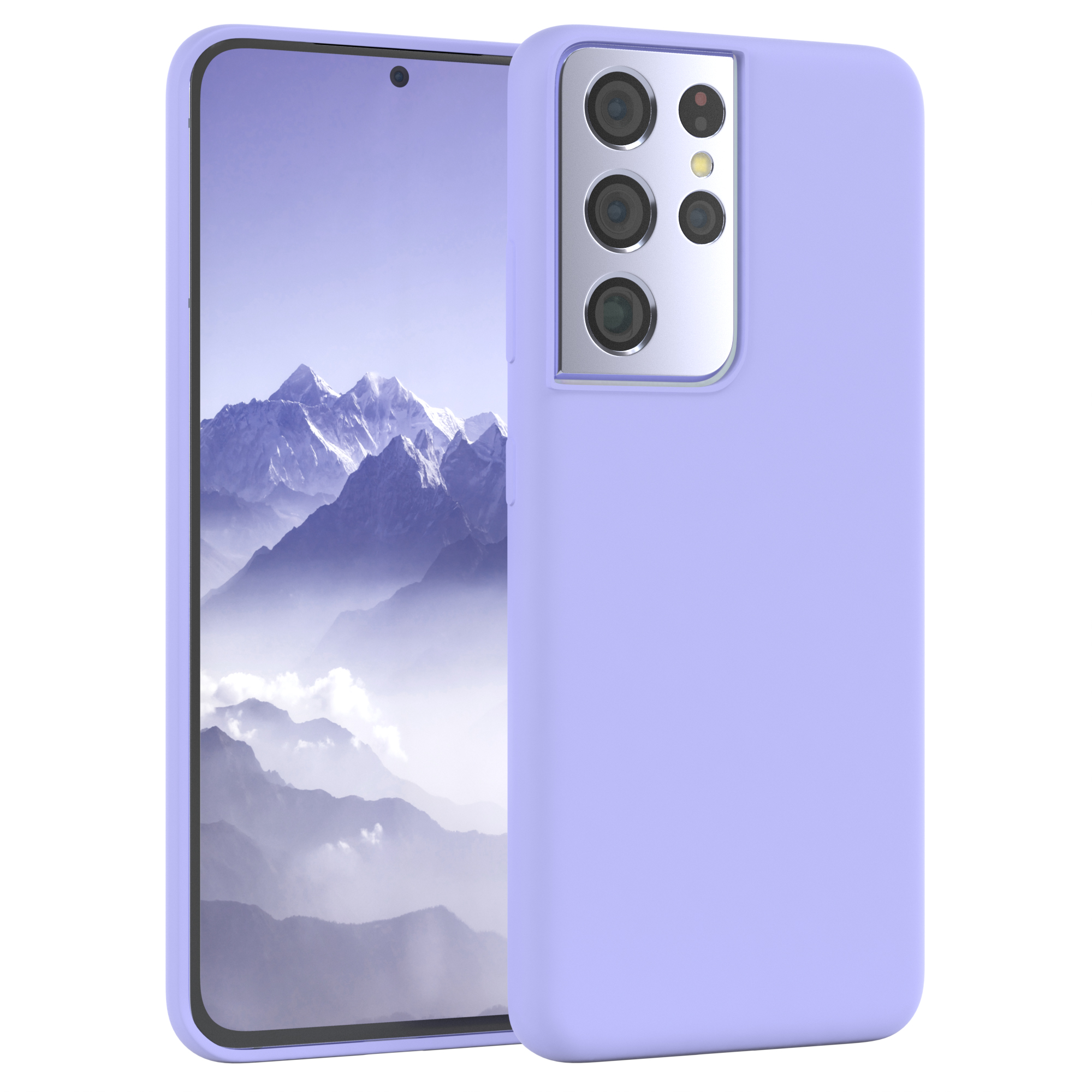 Lilafarbene Handyhülle mit einem Telefon, das eine Berglandschaft zeigt.