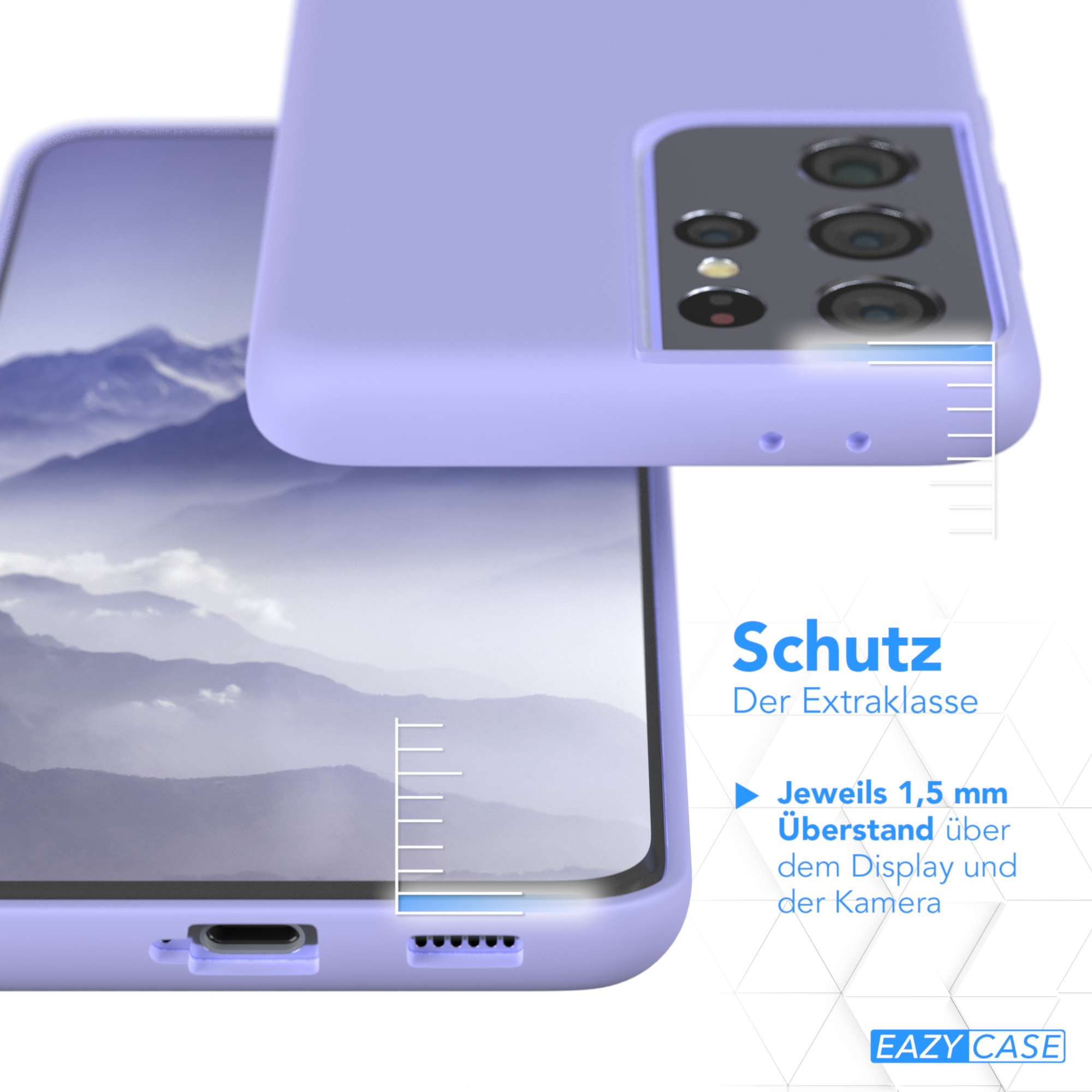 Hellviolette Handyhülle mit Handy, Bildschirm und Kamera.