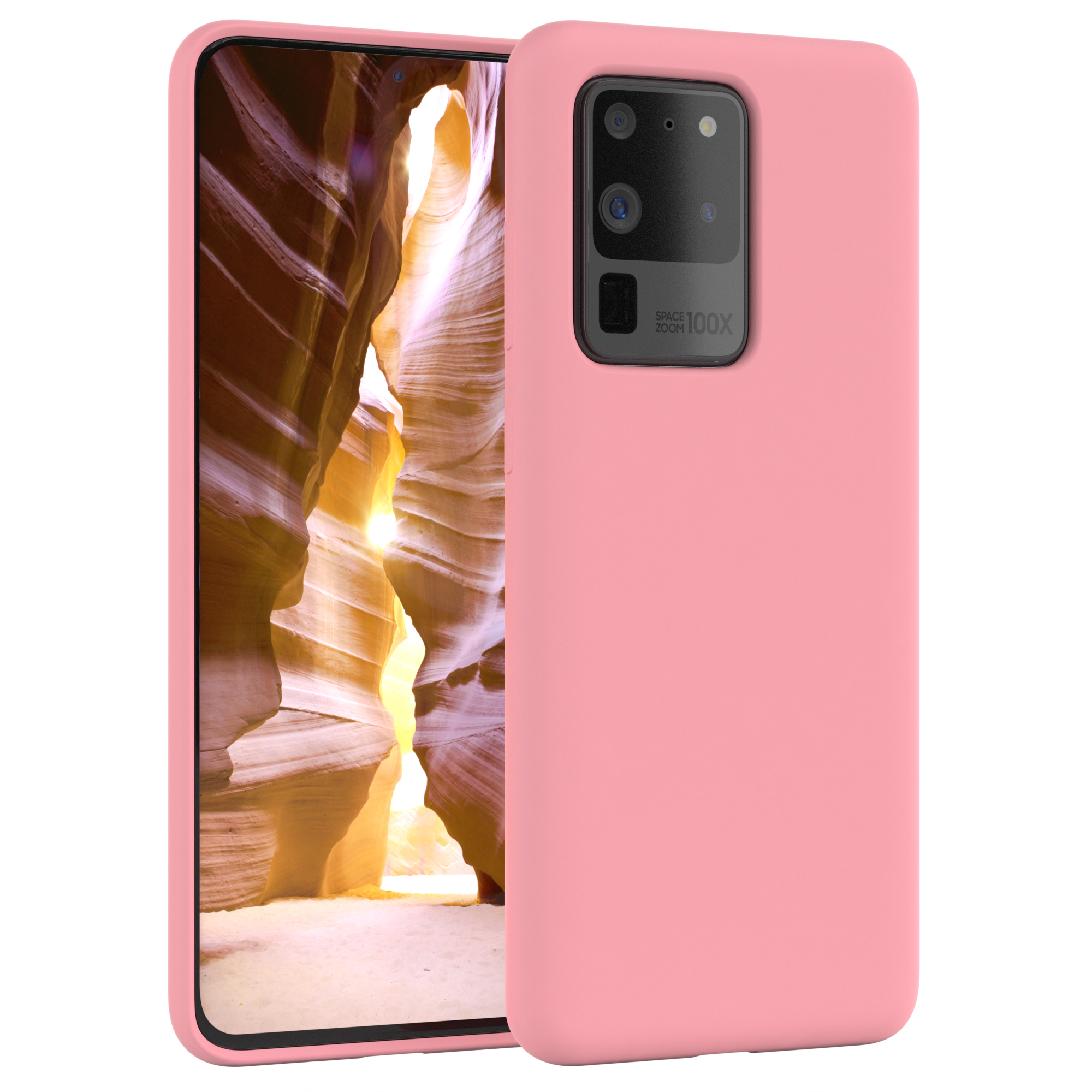 Rosa Telefon mit rosa Hülle. Der Bildschirm zeigt einen Canyon. Der Hintergrund ist weiß.