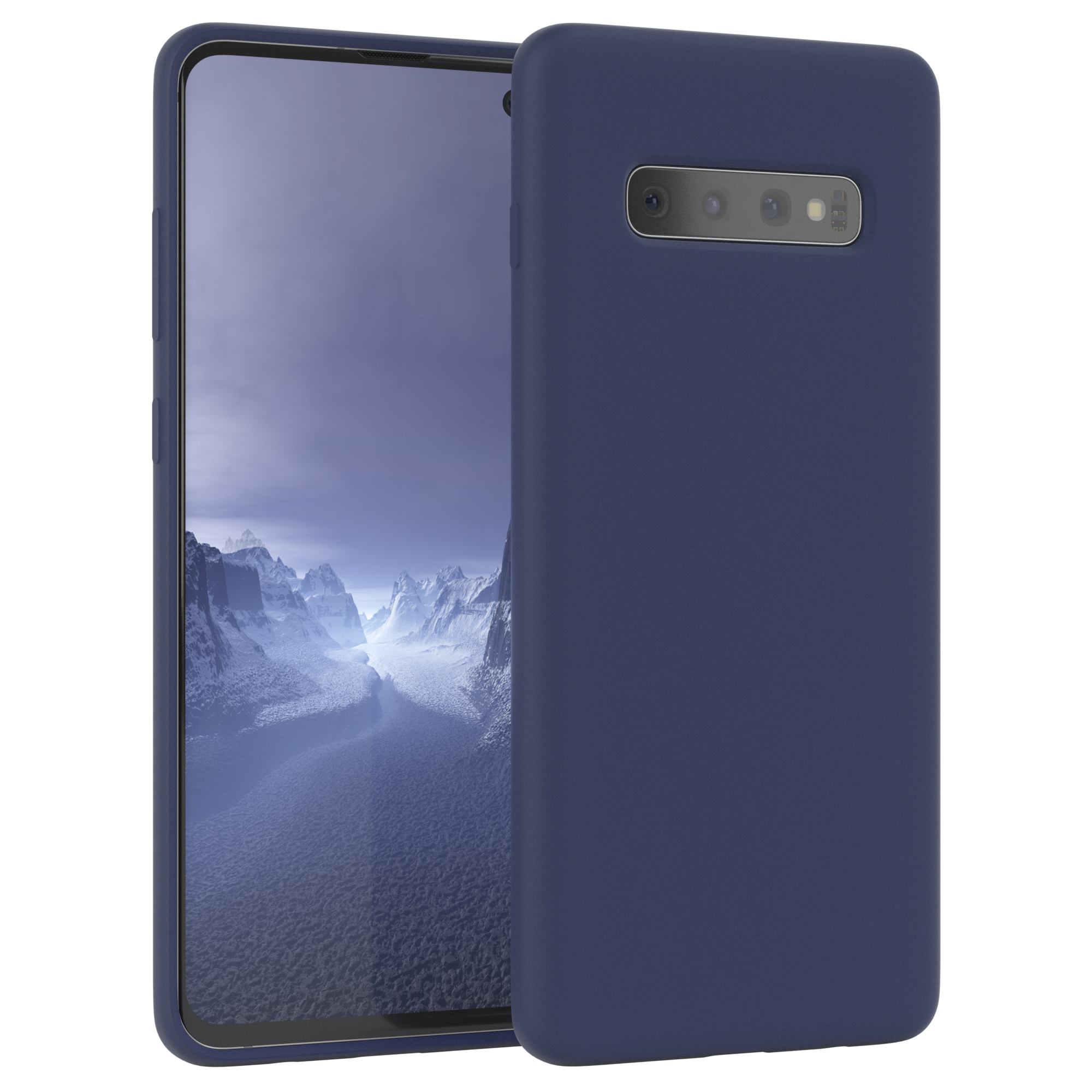 Marineblaues Telefon mit Hülle. Der Bildschirm zeigt eine schneebedeckte Berglandschaft.