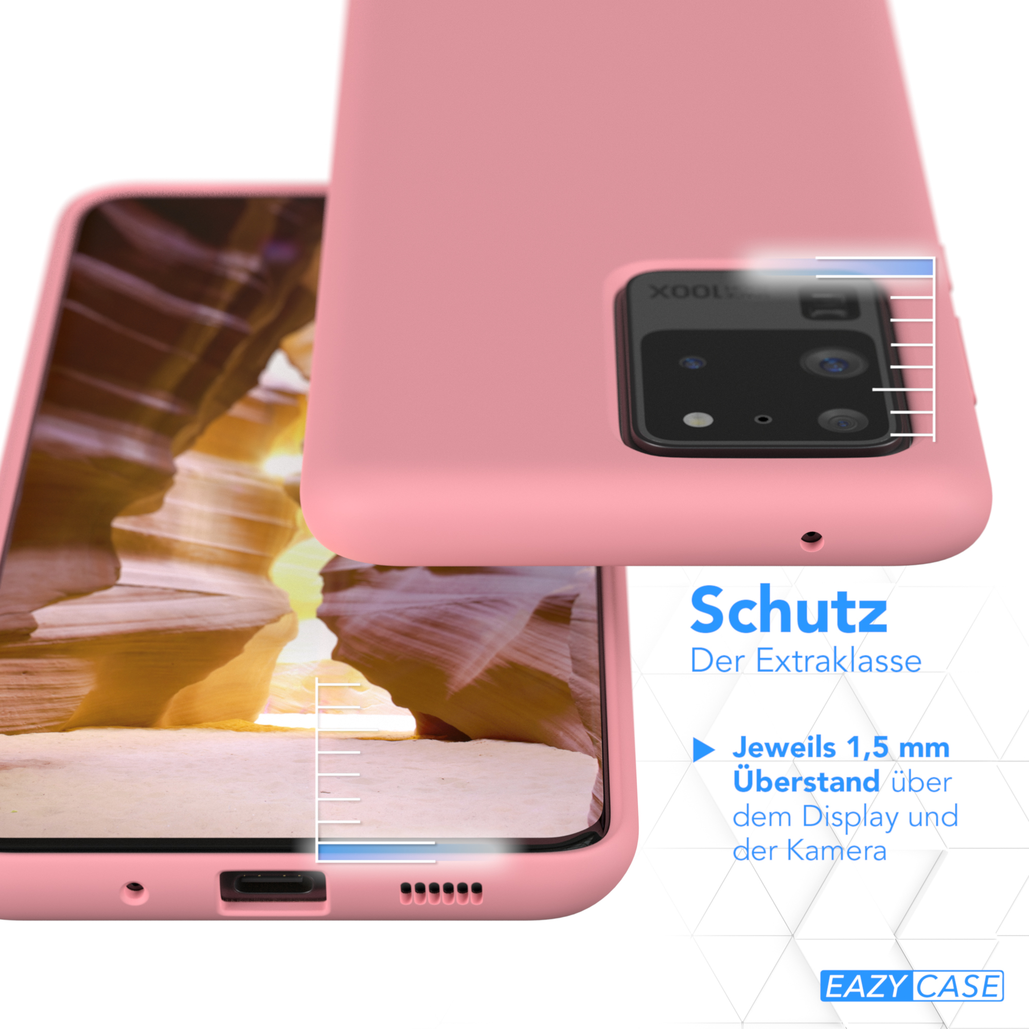 Rosa Handyhülle auf einem Handy, mit einem Text über Schutz.