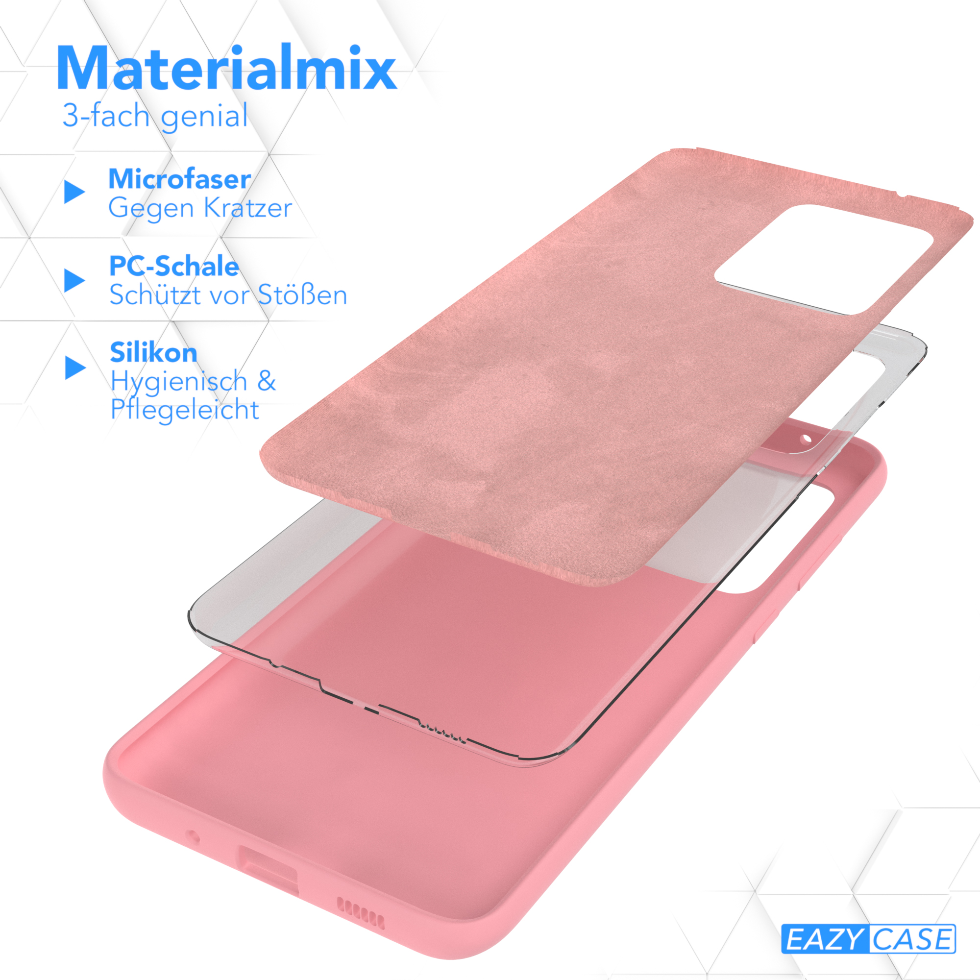 Rosa Handyhüllen-Schichten: Mikrofaser, PC-Schale und Silikon. Text: Materialmix.