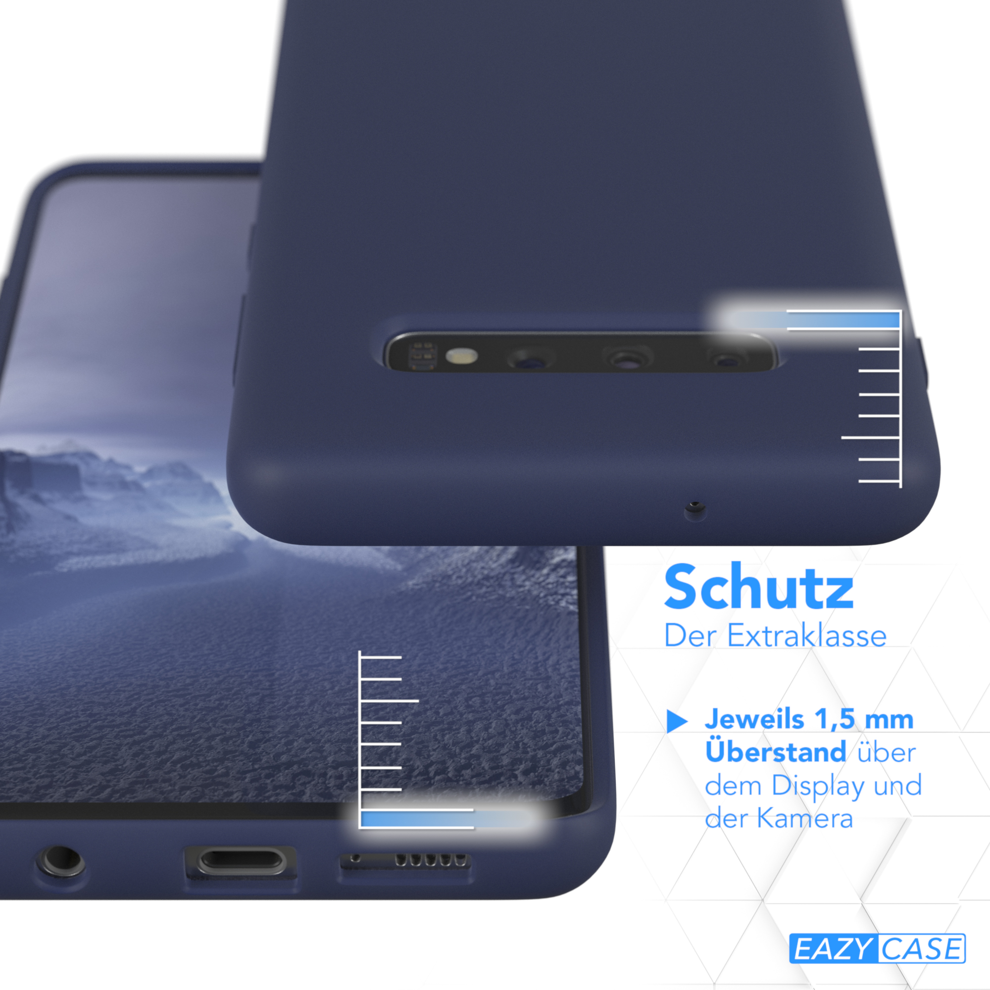 Dunkelblaues Handycase auf einem Telefon. Das Case bietet zusätzlichen Schutz über Bildschirm und Kamera.