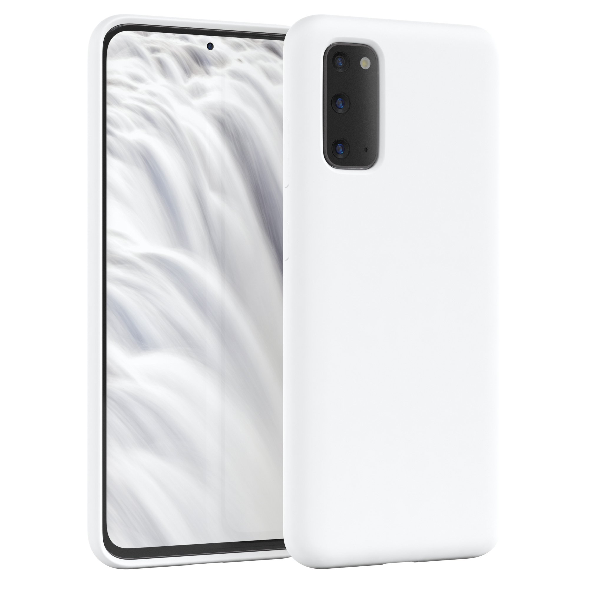 Weiße Handyhülle mit weißem Telefon. Hintergrund zeigt einen weißen Wasserfall.