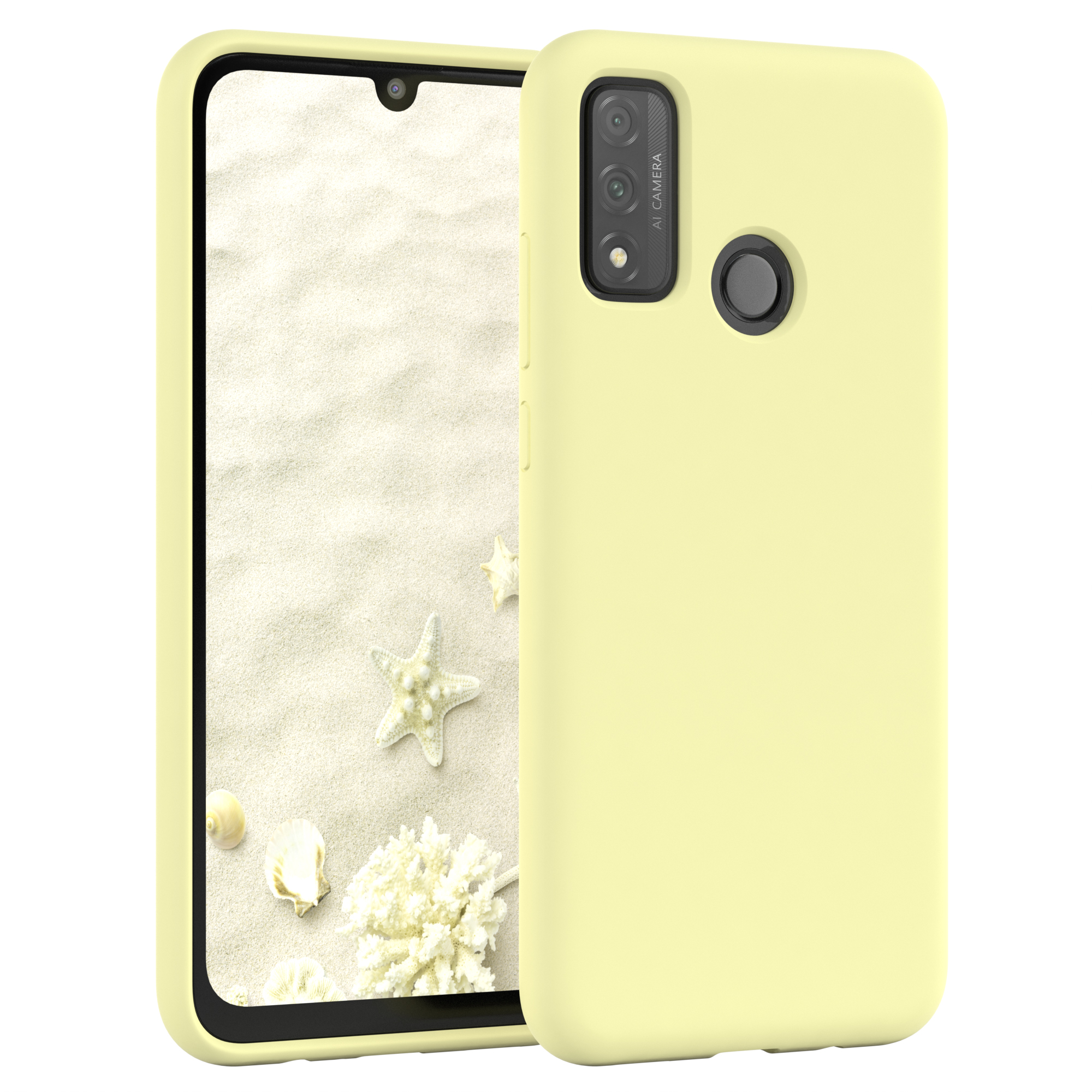 Gelbes Telefon in gelber Hülle. Telefon zeigt Strand mit Muscheln.