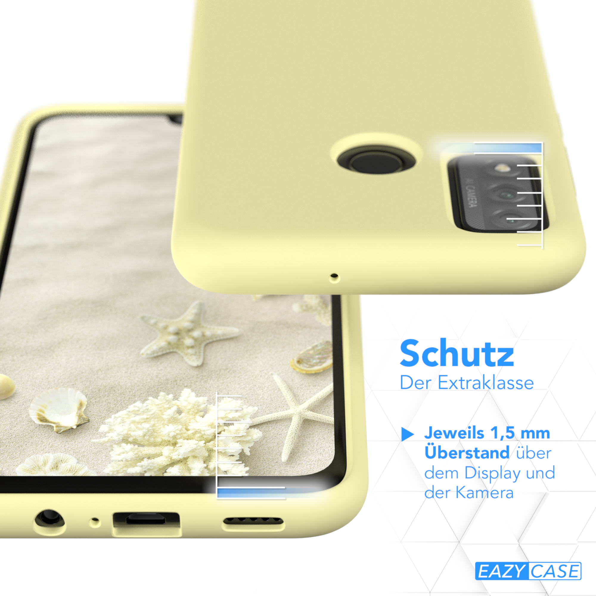 Gelbe Handyhülle, Schutzdetails und ein sandiger Strandhintergrund.