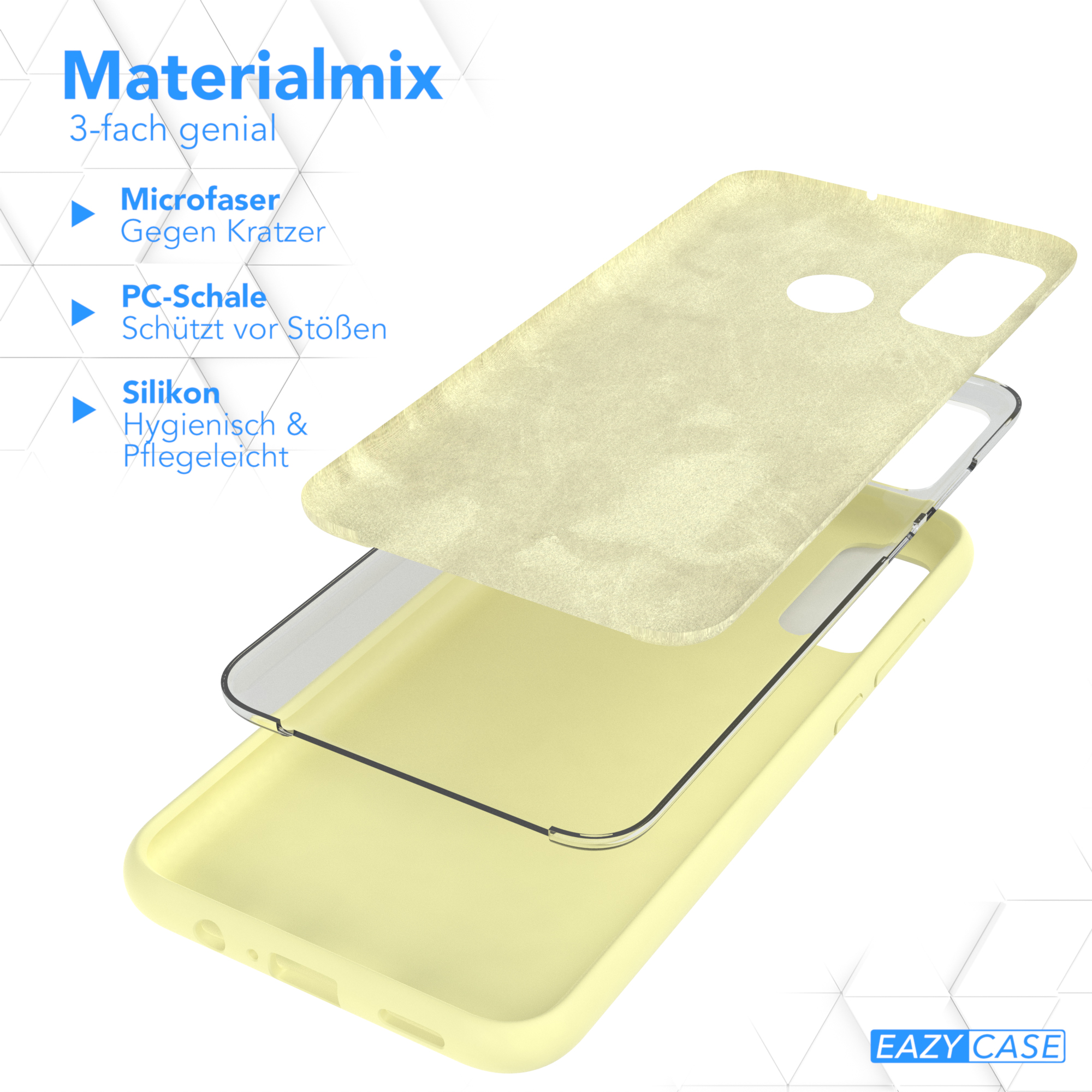 Handyhülle mit Mikrofaser, PC-Schale, Silikon. Text: Materialmix und Schutzdetails.