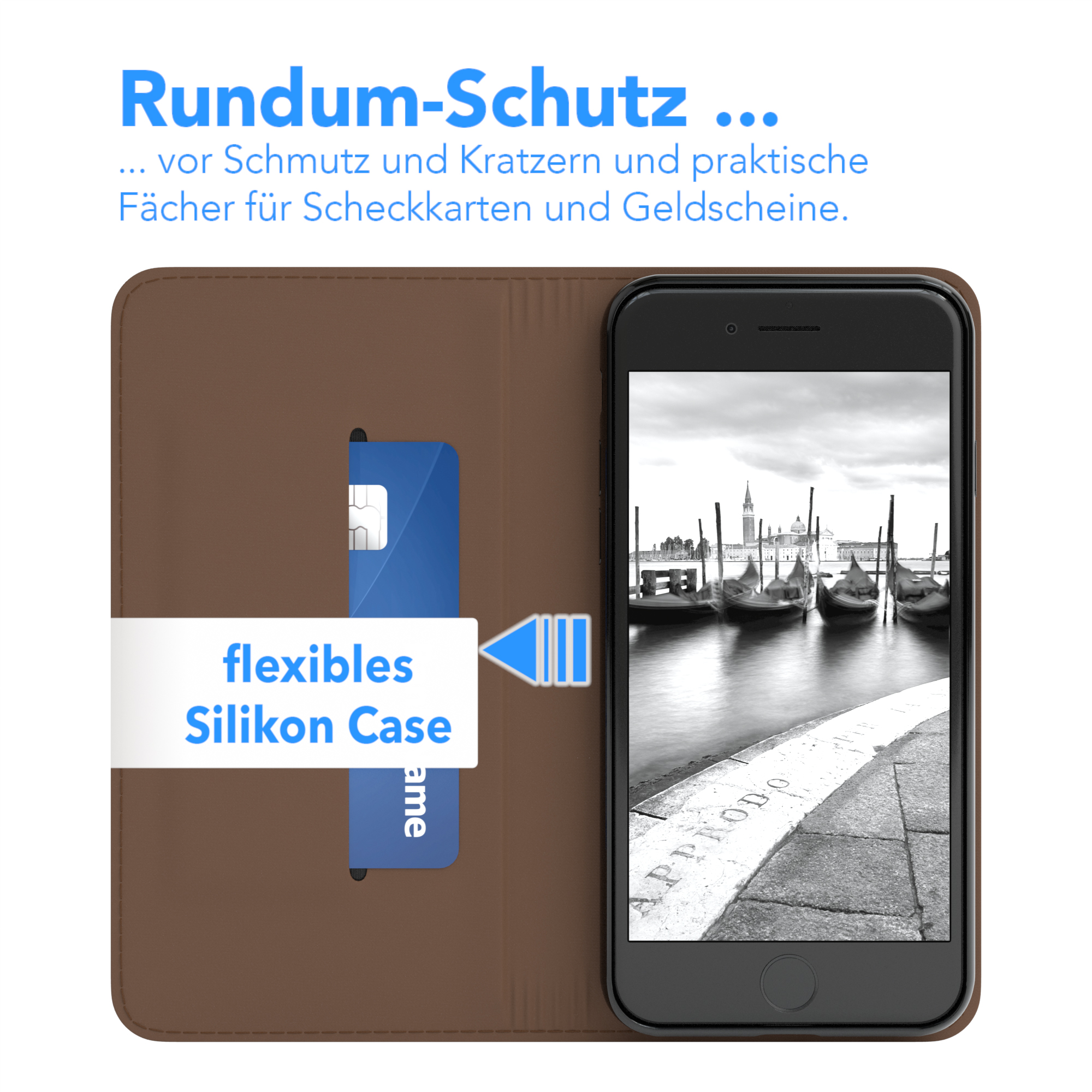 Braune Handyhülle mit Kreditkarte und Telefon mit Foto von Venedig, Italien.