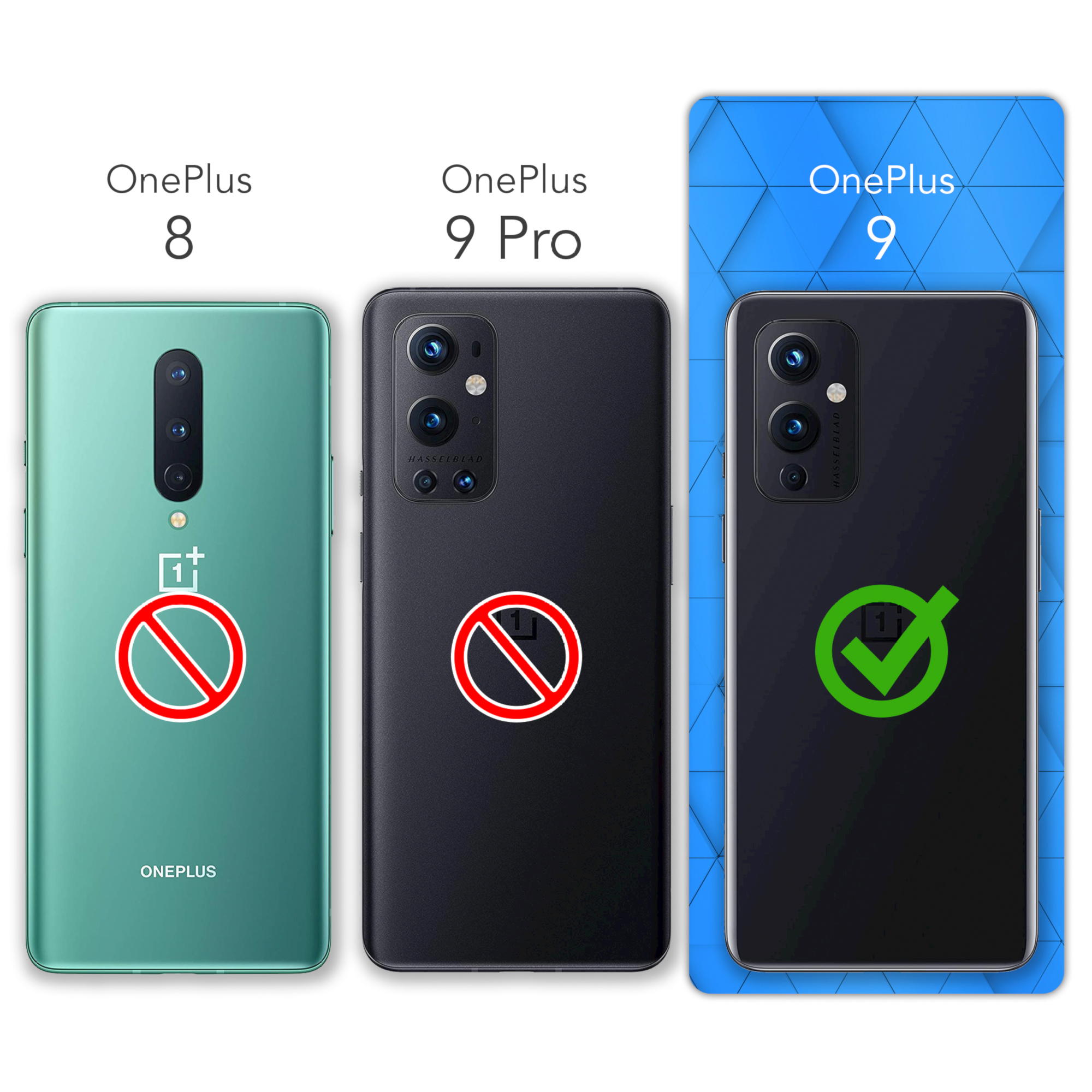 Drei Telefone: OnePlus 8, OnePlus 9 Pro und OnePlus 9. Das OnePlus 9 ist mit einem Häkchen markiert.