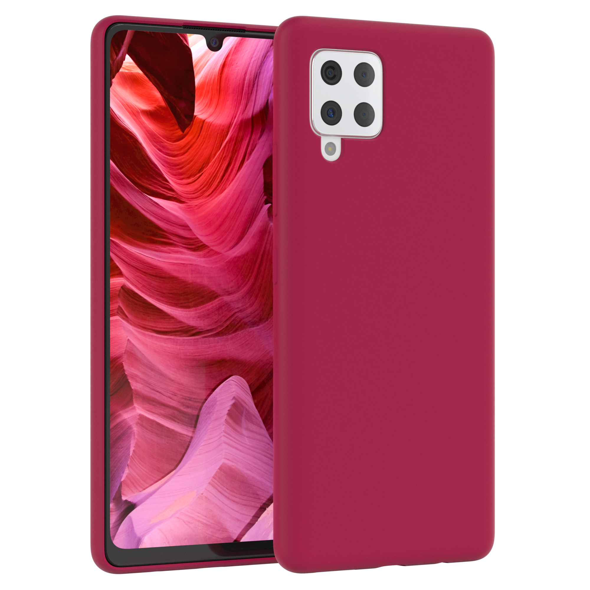 Telefon mit kastanienbrauner Hülle, zeigt eine Schlucht. Der Hintergrund ist weiß.