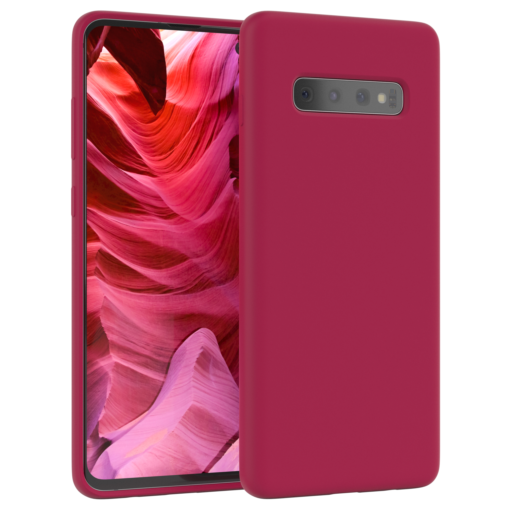 Rote Handyhülle. Telefon zeigt eine rot-orange Canyon-Szene.