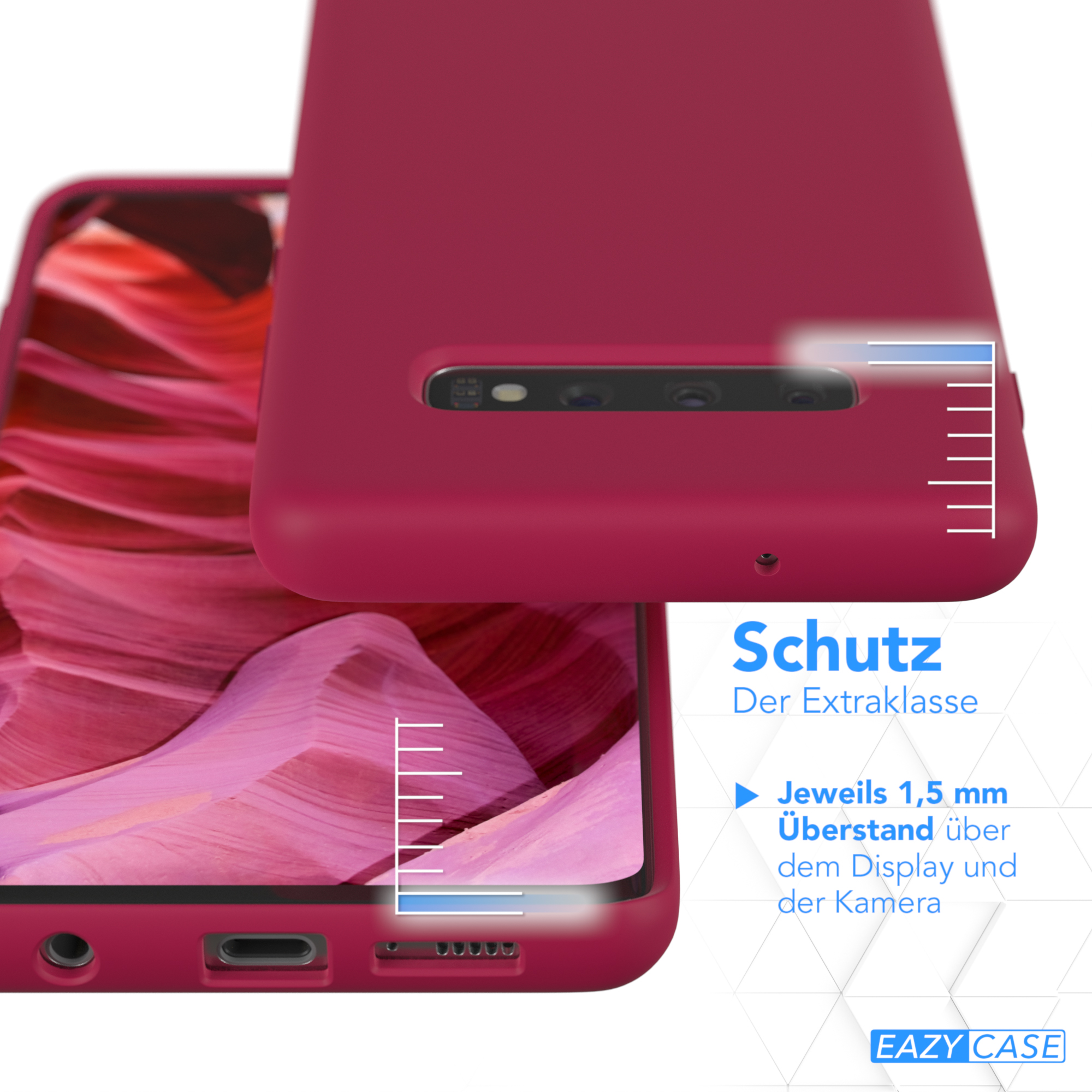 Eine dunkelrote Handyhülle, die den Telefonschutz zeigt. Text: Schutz. 1,5 mm Display- und Kameraschutz.