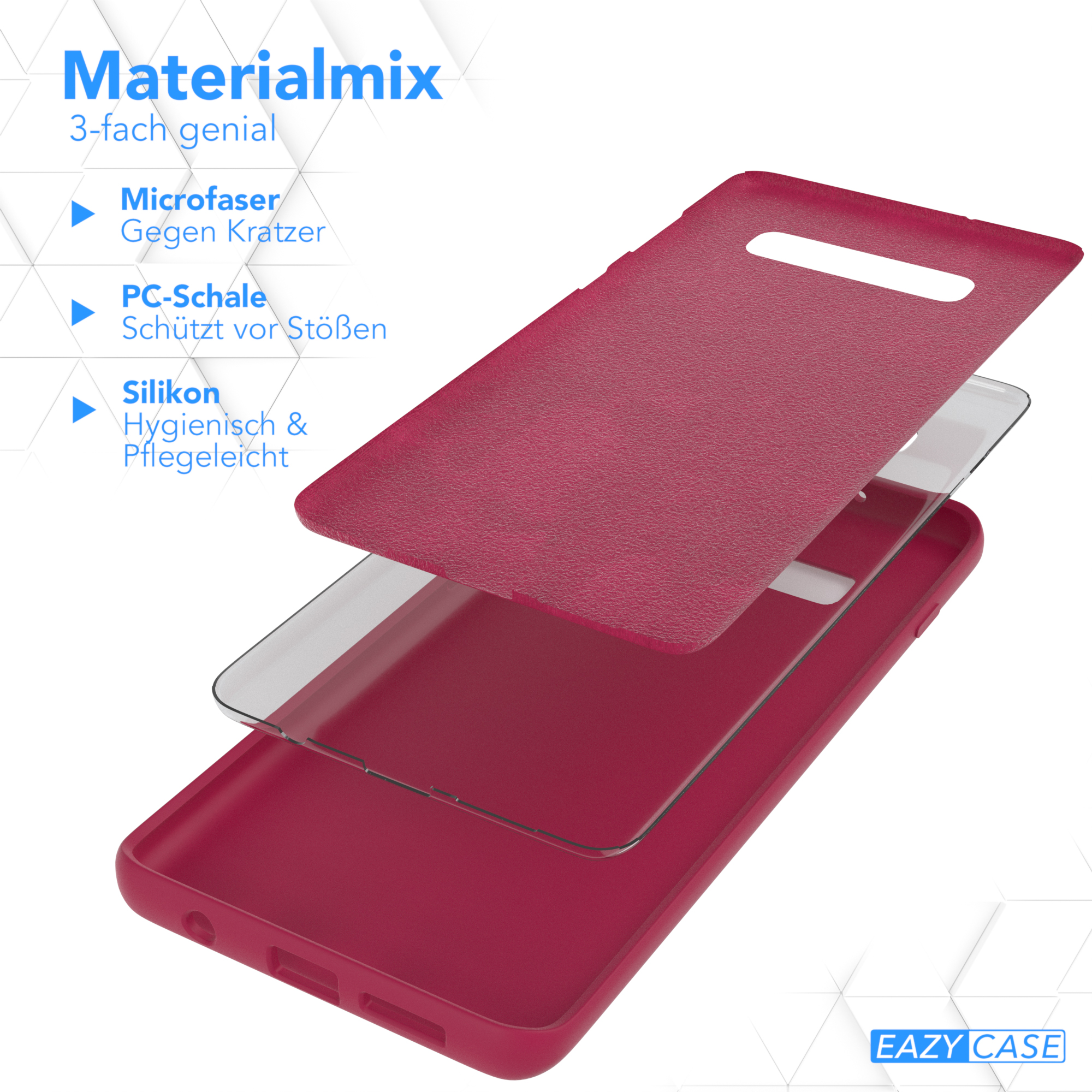 Drei Schichten Handyhüllenmaterial, einschließlich einer Mikrofaser- und einer Silikonschicht, mit grafischem Text.