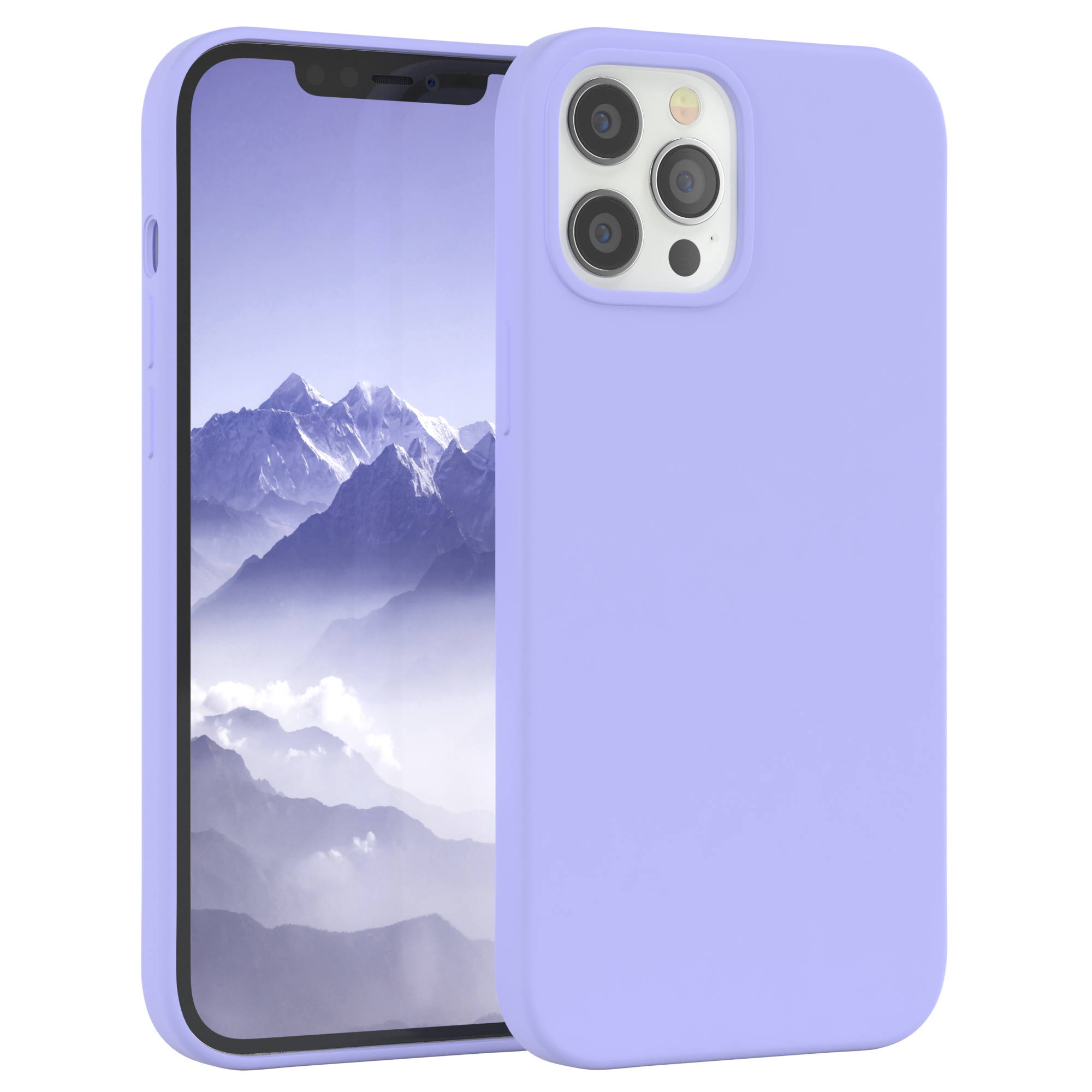 Ein Telefon in einer lila Hülle. Das Telefon hat eine Kamera und einen Bildschirm. Der Hintergrund ist weiß.