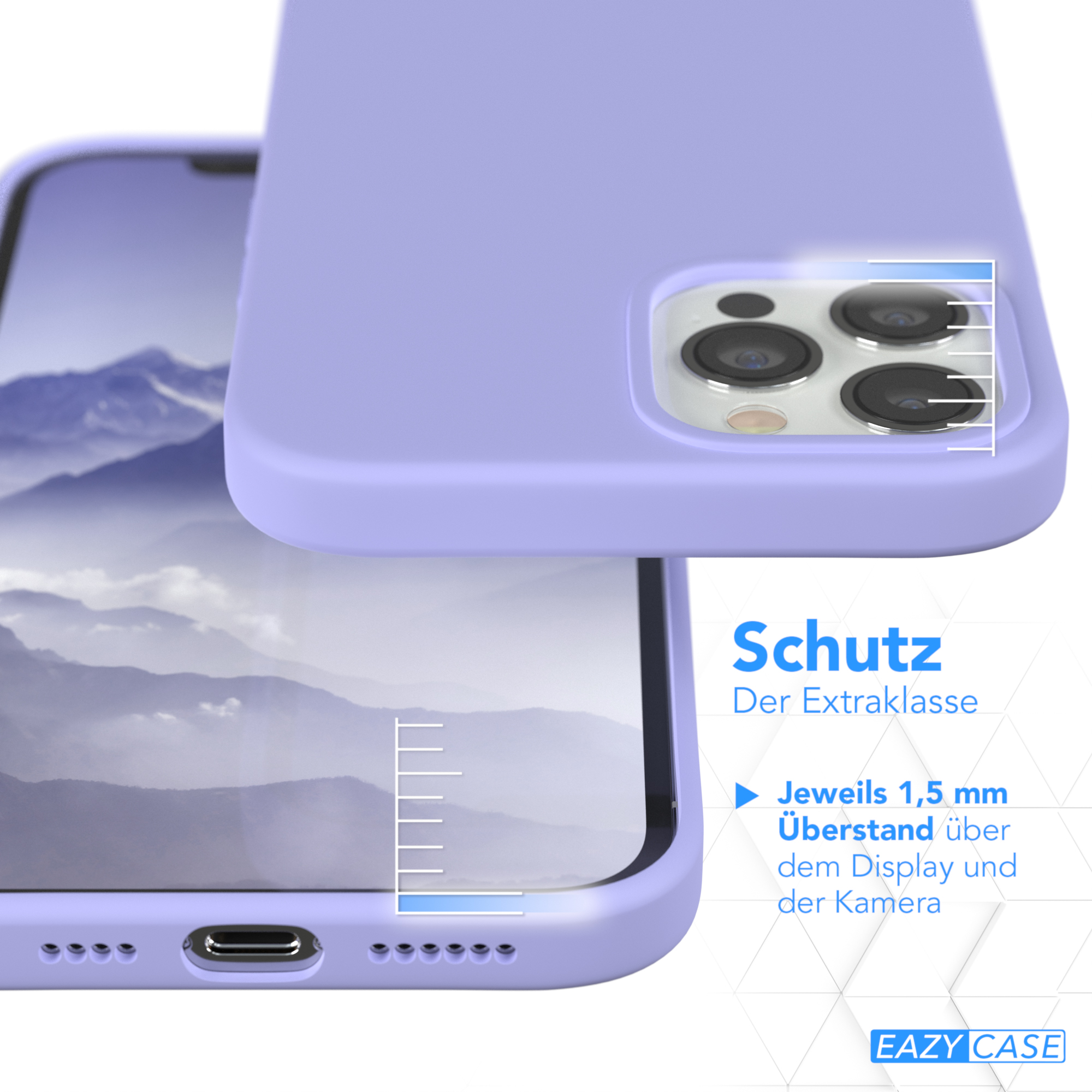 Lila Handyhülle über dem Telefon, zeigt Kamera- und Bildschirmschutz. Enthält grafischen Text.