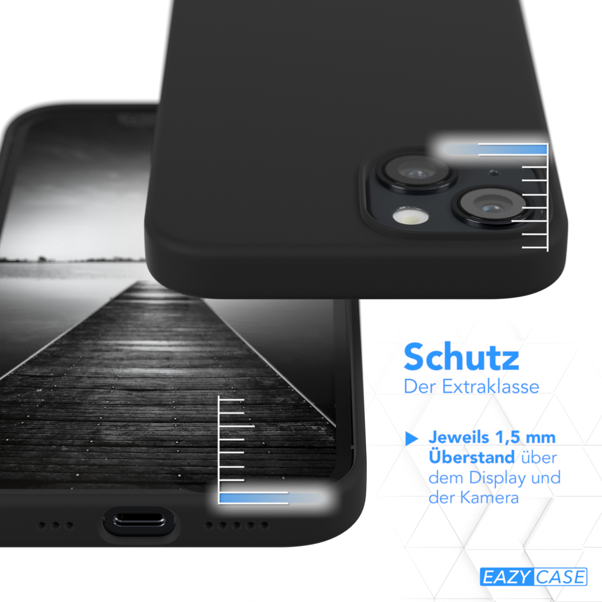 Schwarze Handyhülle mit Brückenbild. Text: Schutz. Eazy Case Logo. 1,5 mm über dem Display.