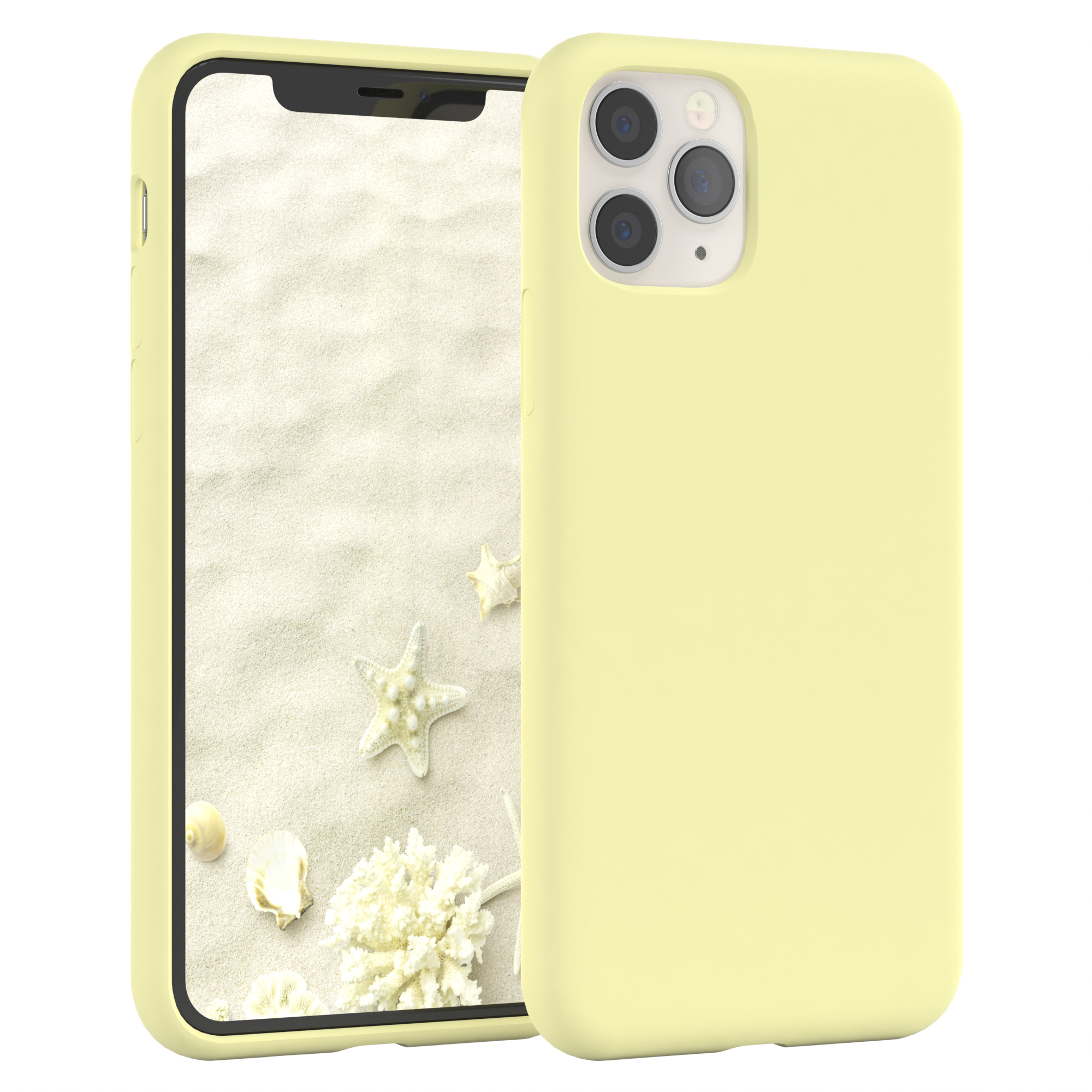 Gelbe Handyhülle mit Telefon, das eine Strandszene zeigt. Seesterne und Muscheln sind auf dem Bildschirm.