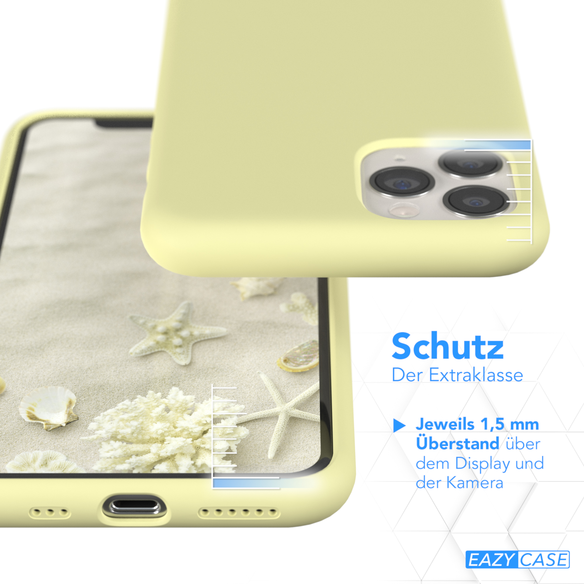Gelbe Handyhülle auf einem Telefon und Sandhintergrund mit Muscheln und Seesternen.