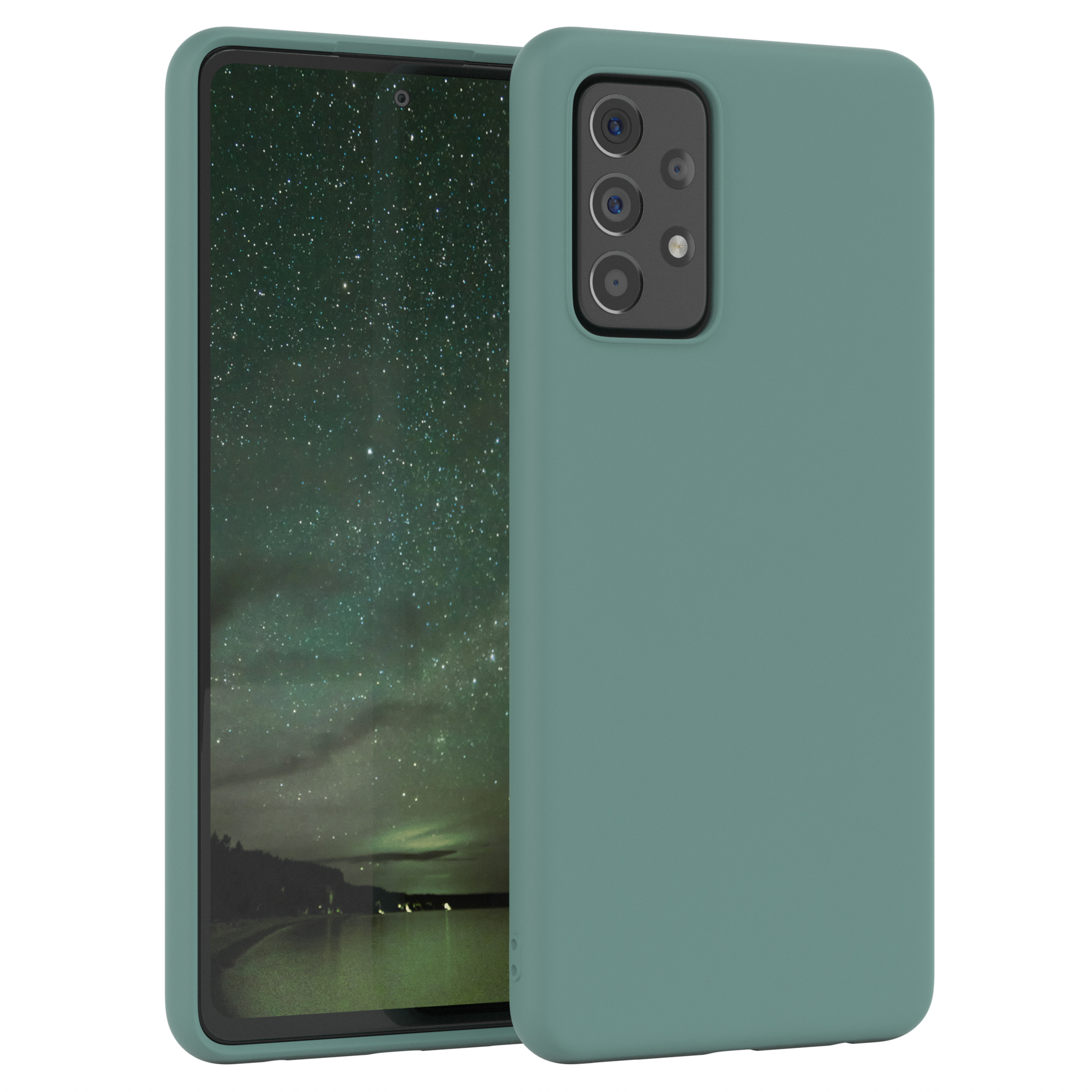 Grüne Handyhülle mit Telefon, das eine sternenklare Nachtszene zeigt. Das Telefon hat mehrere Kameras.