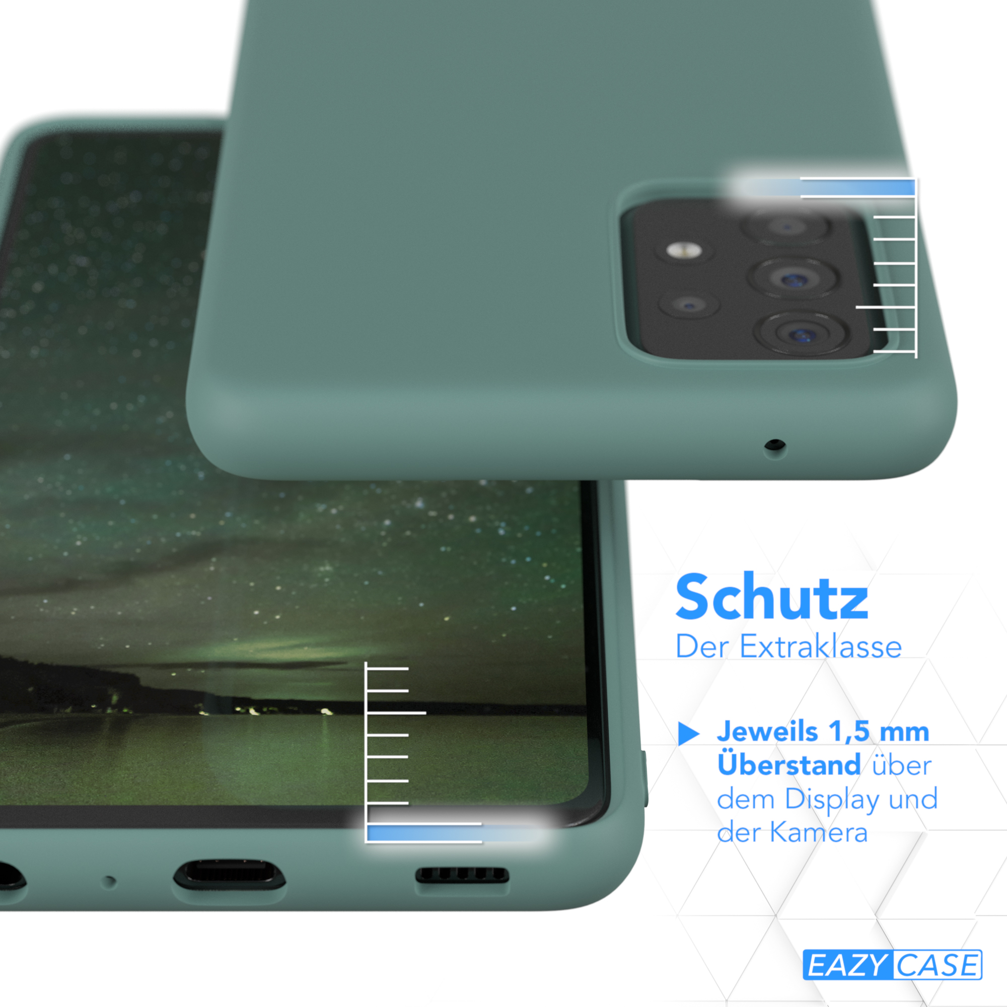 Telefon in Hülle. Bild hebt den Schutz mit Text zu Display und Kamera hervor.