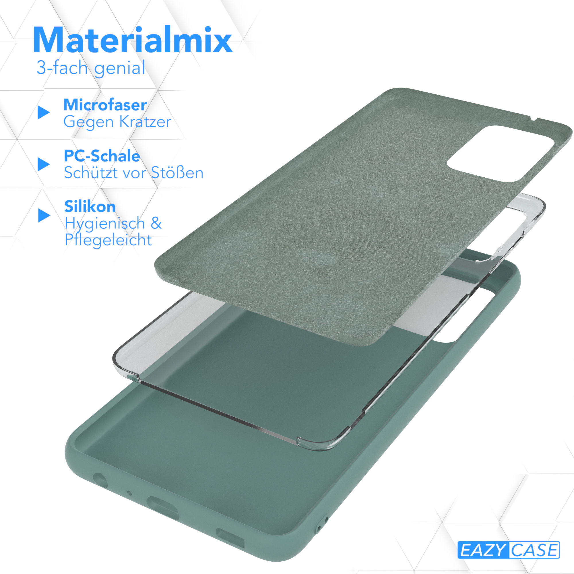 Drei Schichten einer Handyhülle. Graue, transparente und blaue Schichten.