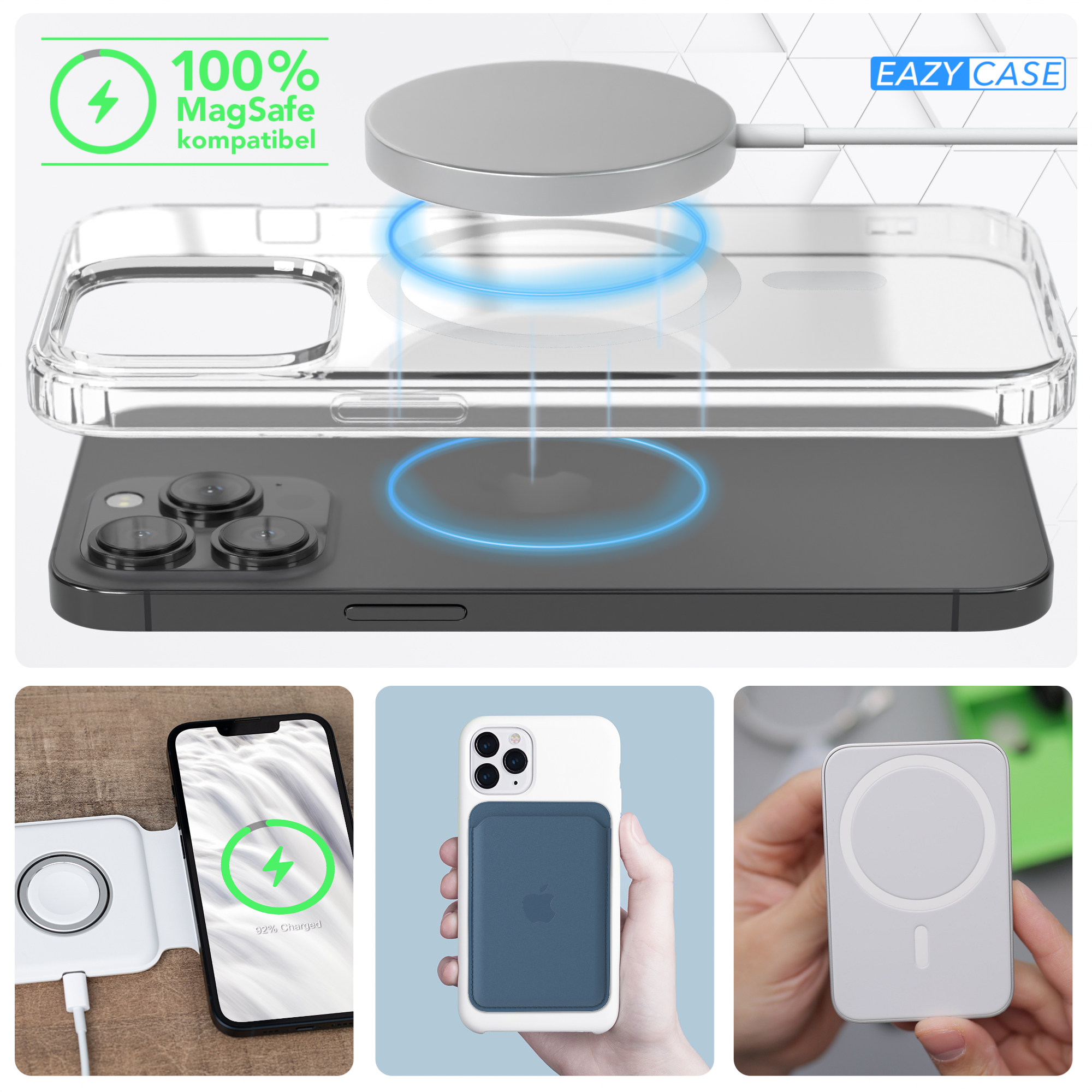 Handyhülle mit MagSafe-Ladegerät. Zeigt Ladegerät und Handy mit Hülle.