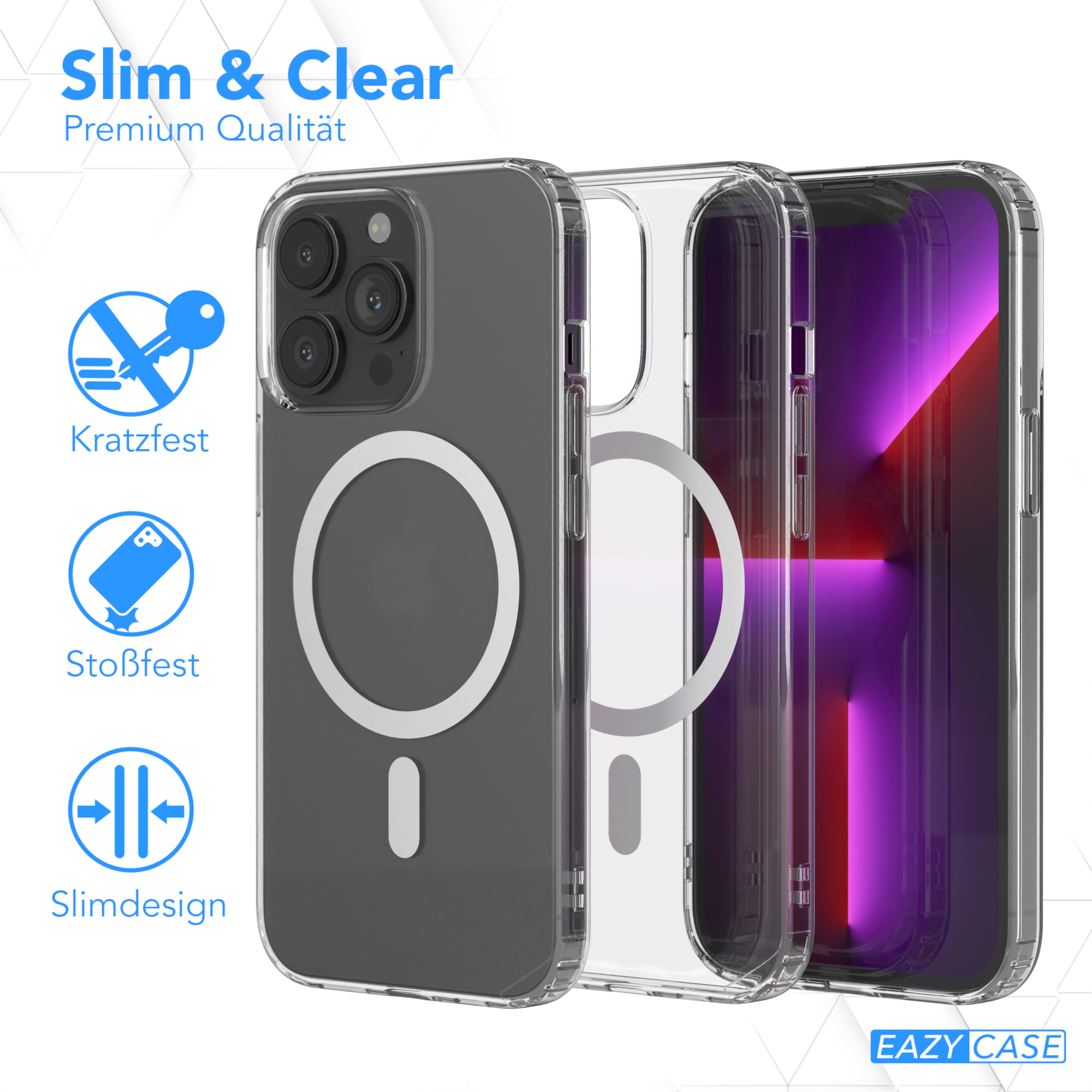 Drei transparente Handyhüllen mit einem Telefon darin. Text weist auf Kratzfestigkeit, Stoßfestigkeit und schlankes Design hin.