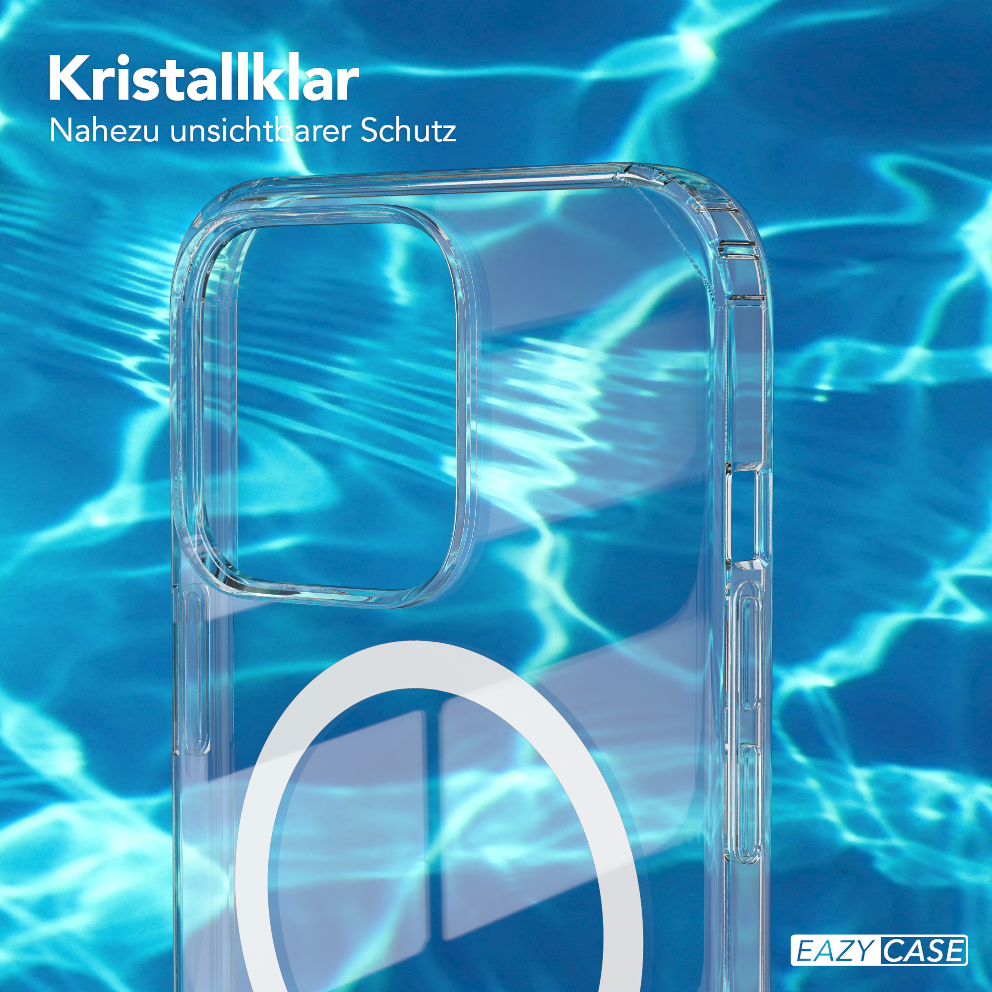 Nahaufnahme einer transparenten Handyhülle mit einem weißen Kreis, mit Wasserwellen im Hintergrund.