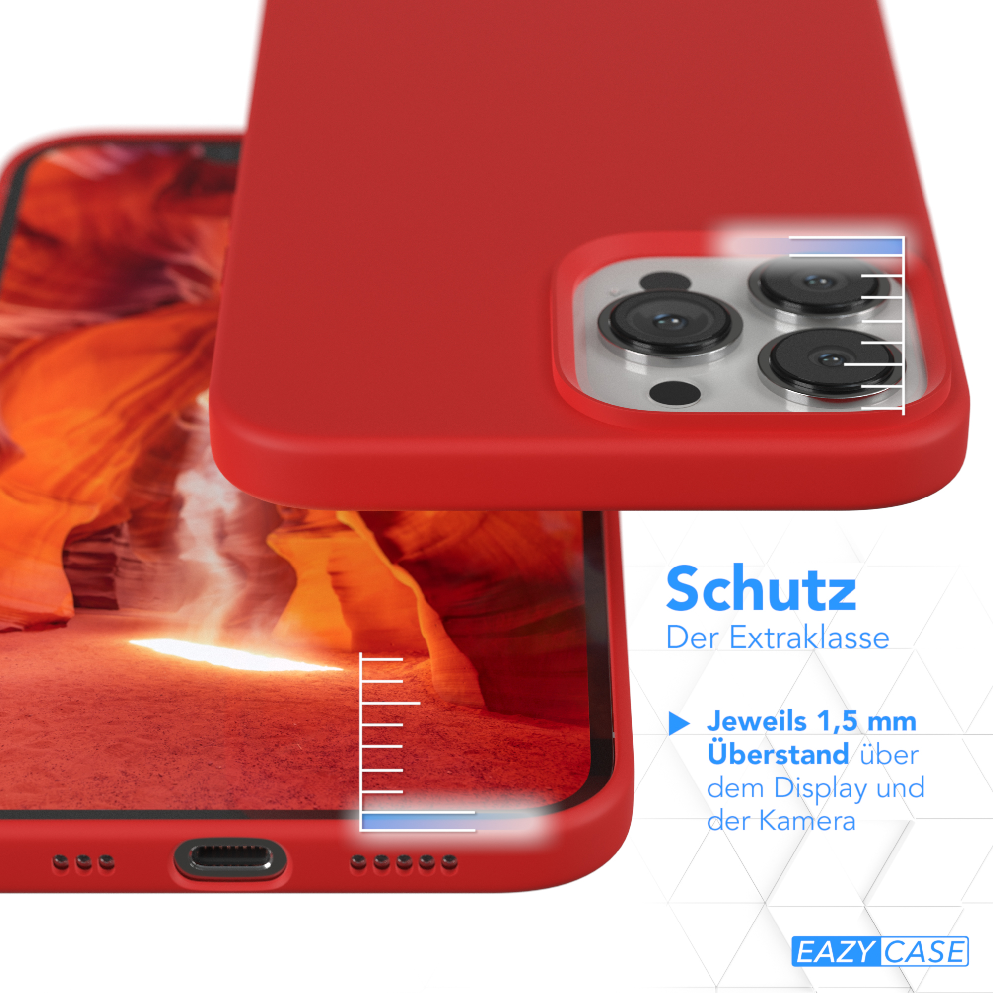 Zwei rote Telefone, eines mit Kantenschutz. Das andere zeigt das Display.