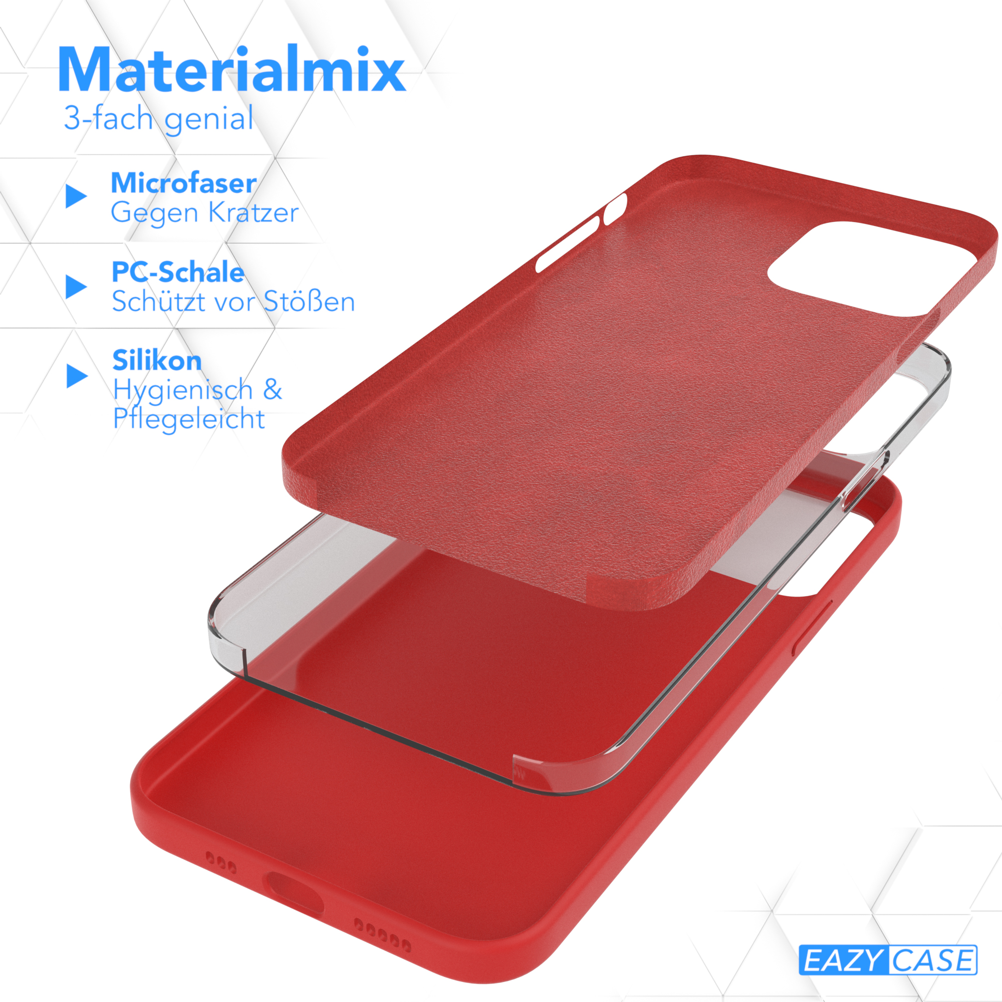 Explosionsansicht einer roten Handyhülle mit drei Schichten. Text: Materialmix, Mikrofaser, PC-Schale, Silikon.
