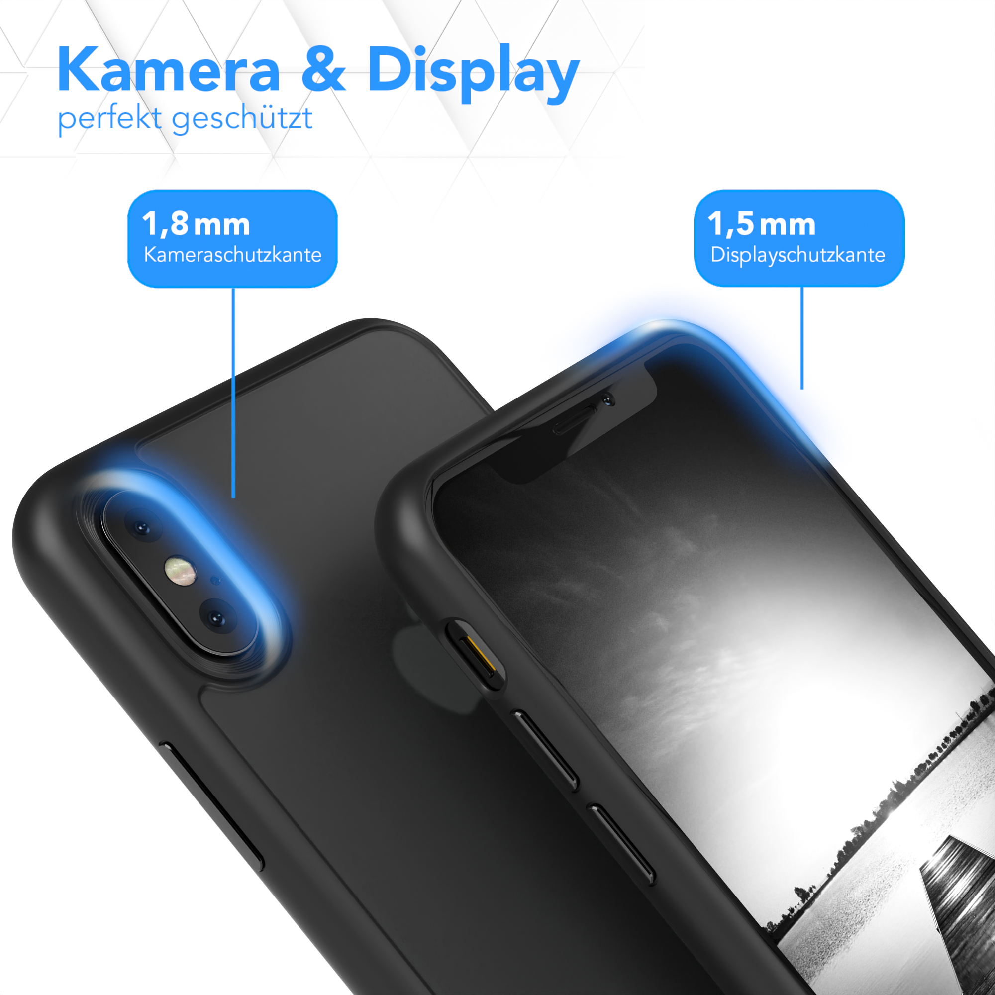 Nahaufnahme einer schwarzen Handyhülle mit Details zum Display- und Kameraschutz.