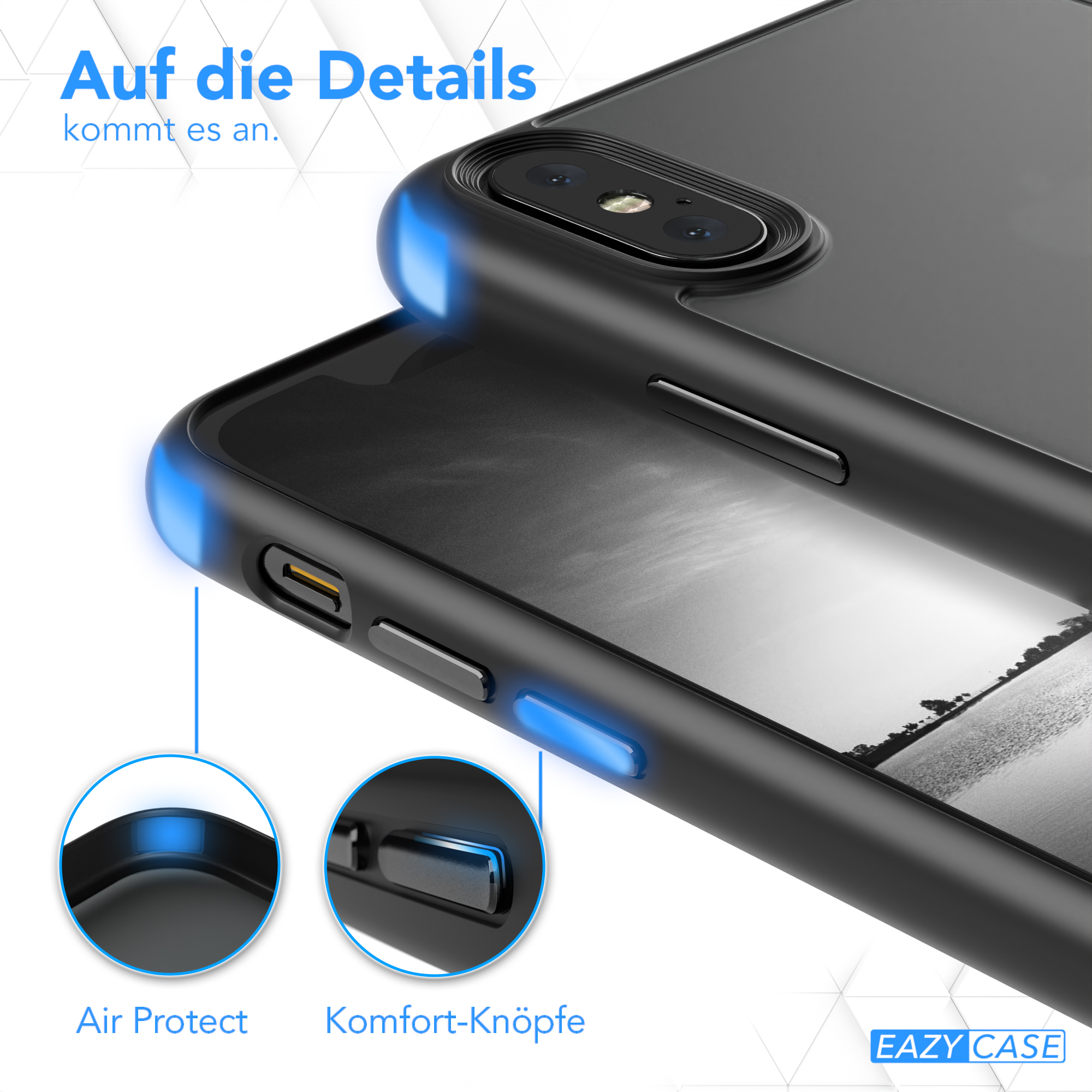 Schwarze Handyhülle mit hervorgehobenen Knöpfen.