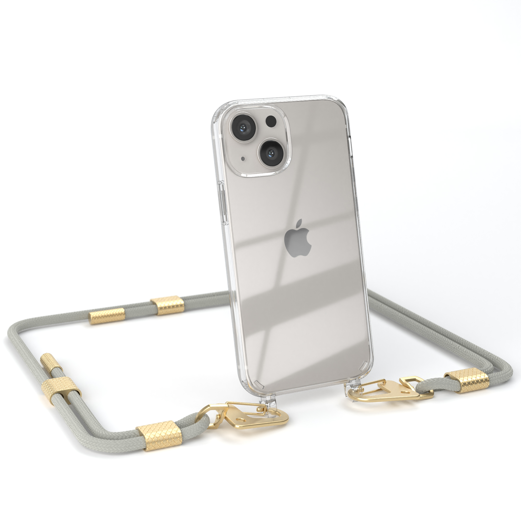 EAZY CASE Transparente Handyhülle mit Gold Kordel Matt / Umhängetasche, Taupe runder 13 Mini, Apple, Karabiner, Beige + iPhone